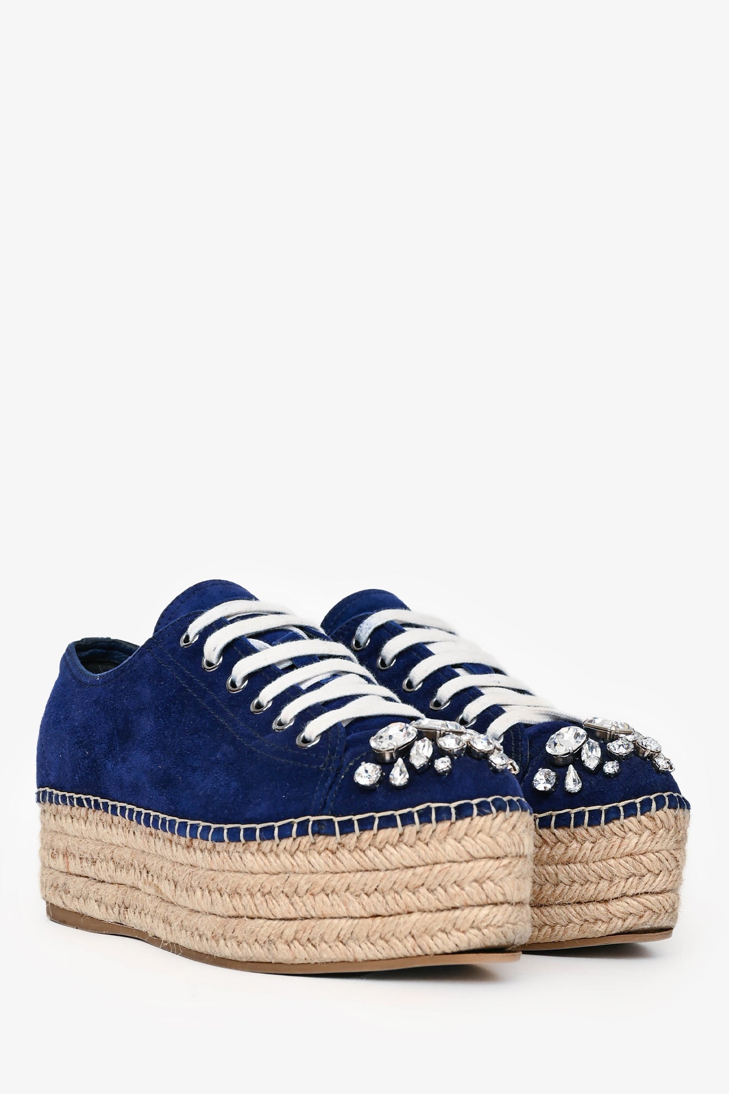 Miu Miu Navy Suede Crystal Embellished Lace Up Espadrilles Size 37.5