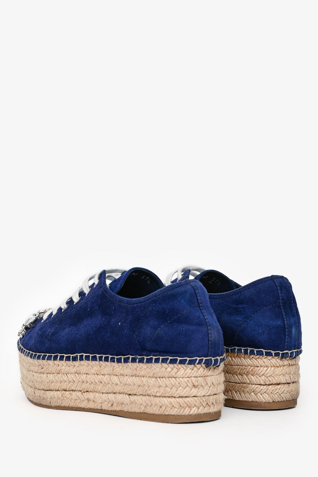 Miu Miu Navy Suede Crystal Embellished Lace Up Espadrilles Size 37.5