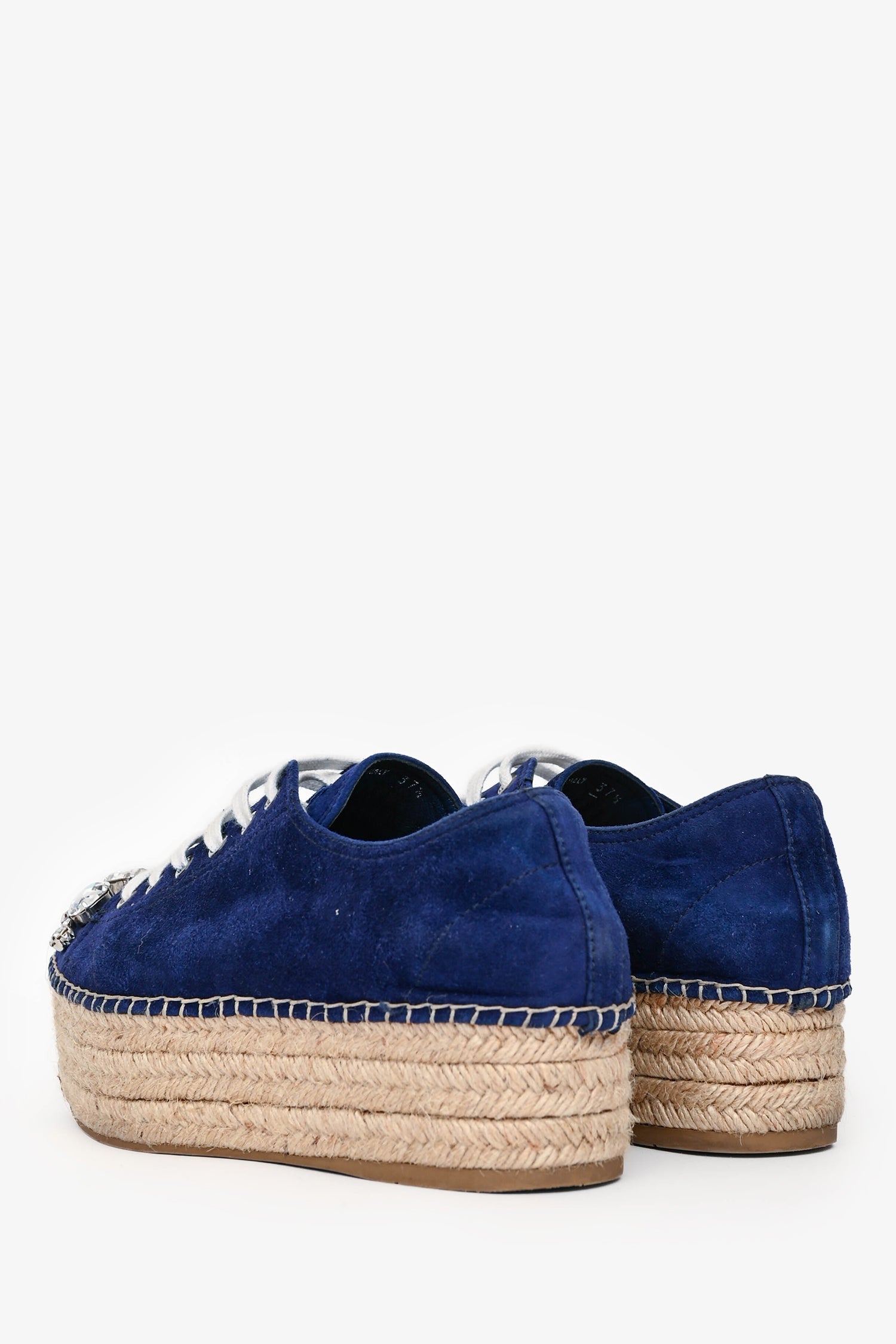 Miu Miu Navy Suede Crystal Embellished Lace Up Espadrilles Size 37.5