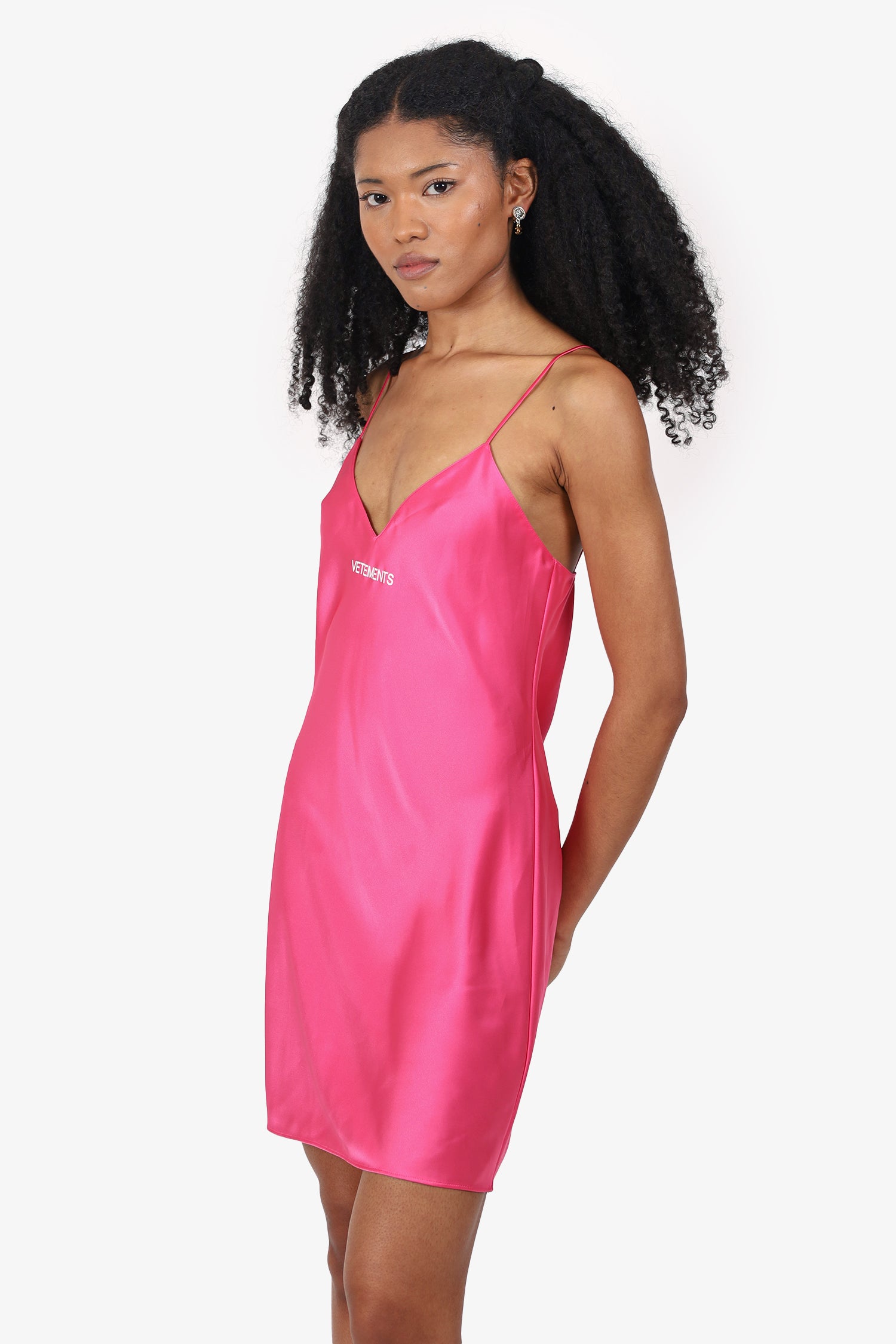 Vetements Pink Satin Logo Mini Slip Dress Size XS
