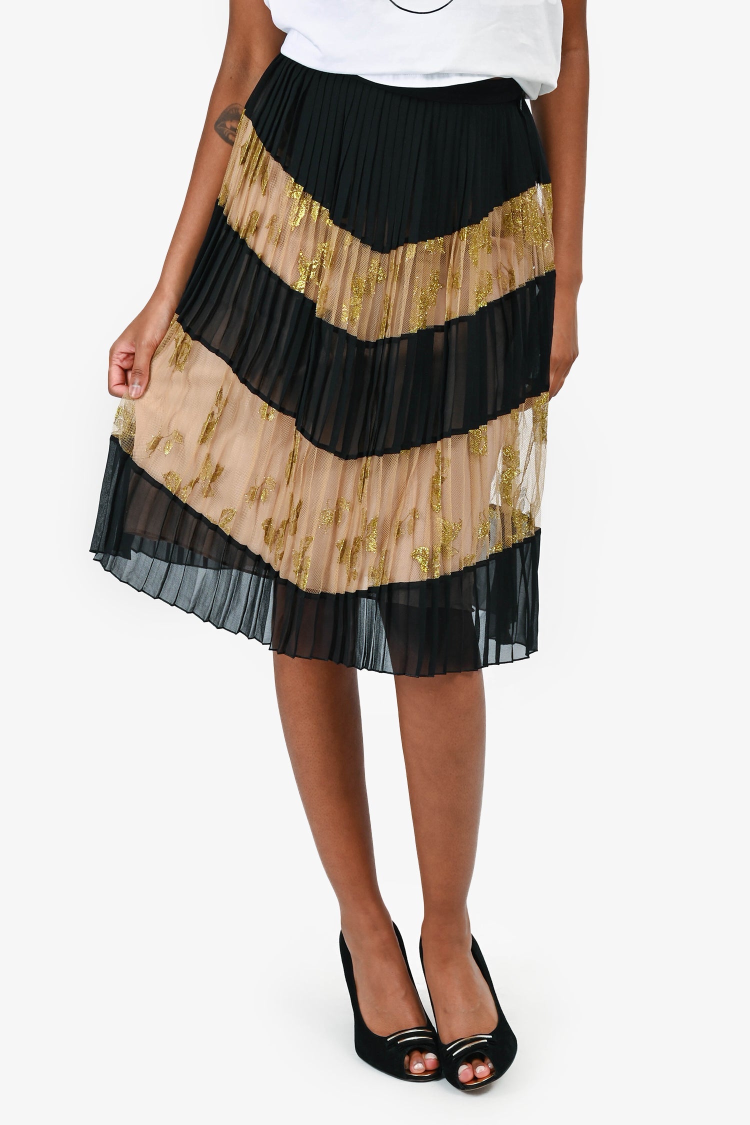 Gucci Black Pleated Gold Mesh Tulle Mini Skirt Size 36