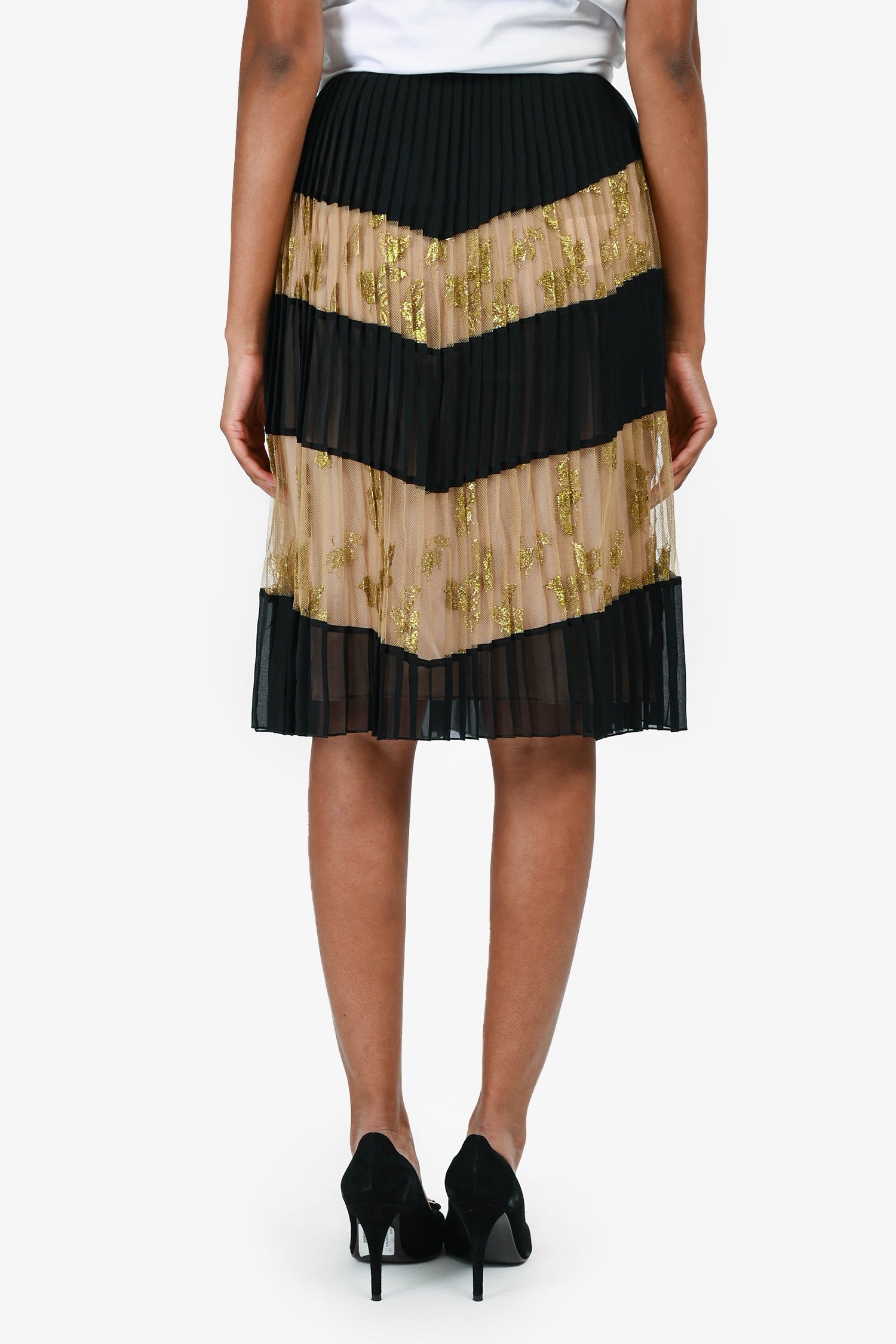 Gucci Black Pleated Gold Mesh Tulle Mini Skirt Size 36