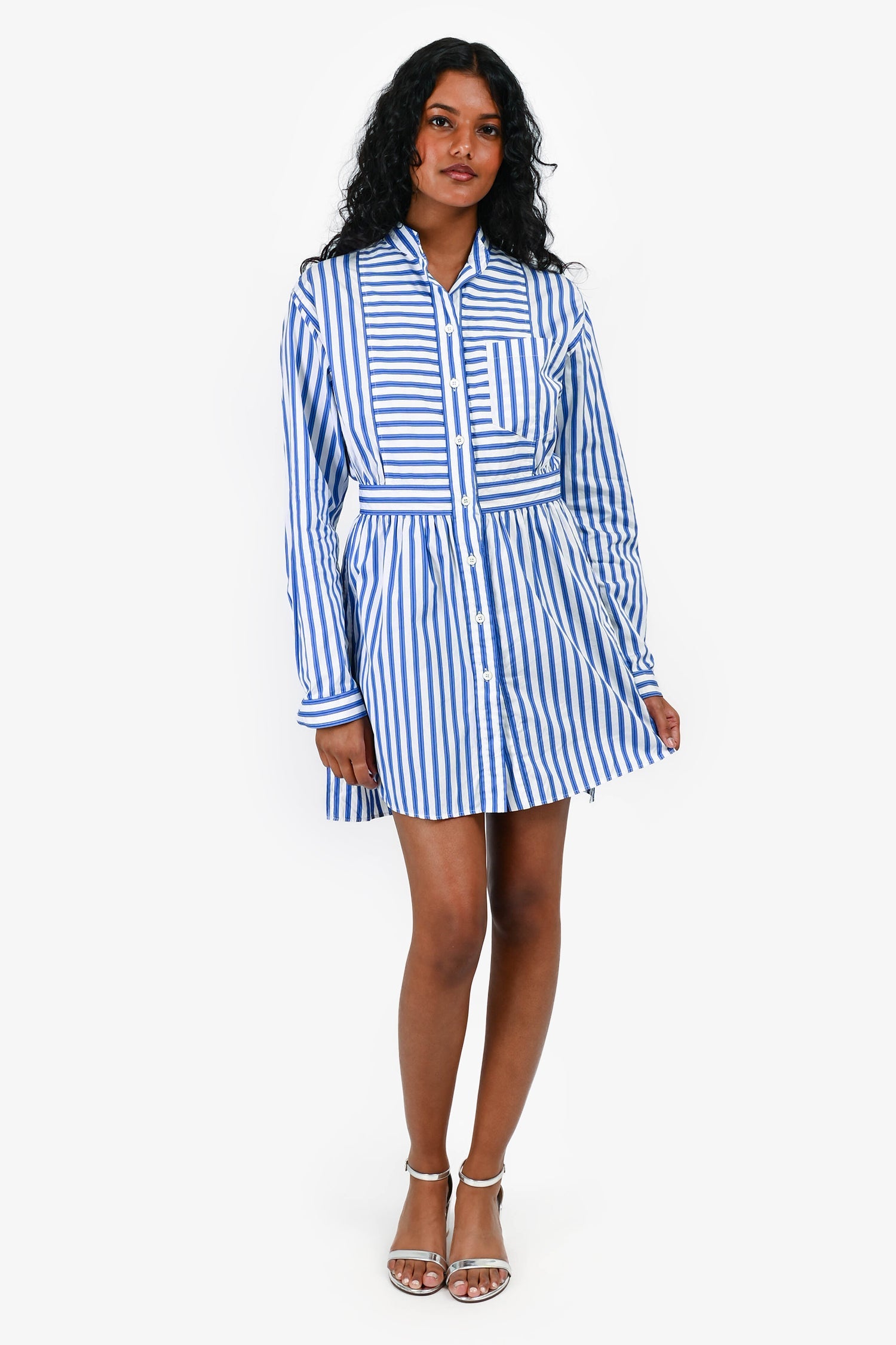 Prada Blue/White Striped Cotton Buttoned Long Sleeves Mini Dress Size 40