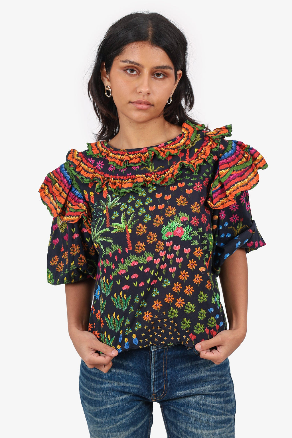 Farm Rio Black/Orange Floral Printed Ruffle Blouse Size M