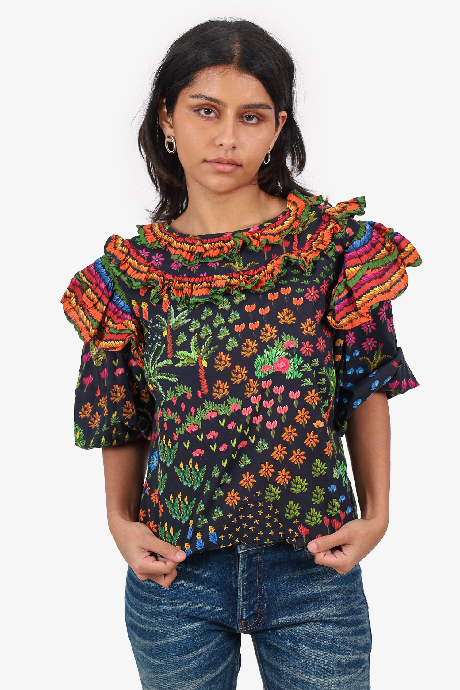 Farm Rio Black/Orange Floral Printed Ruffle Blouse Size M
