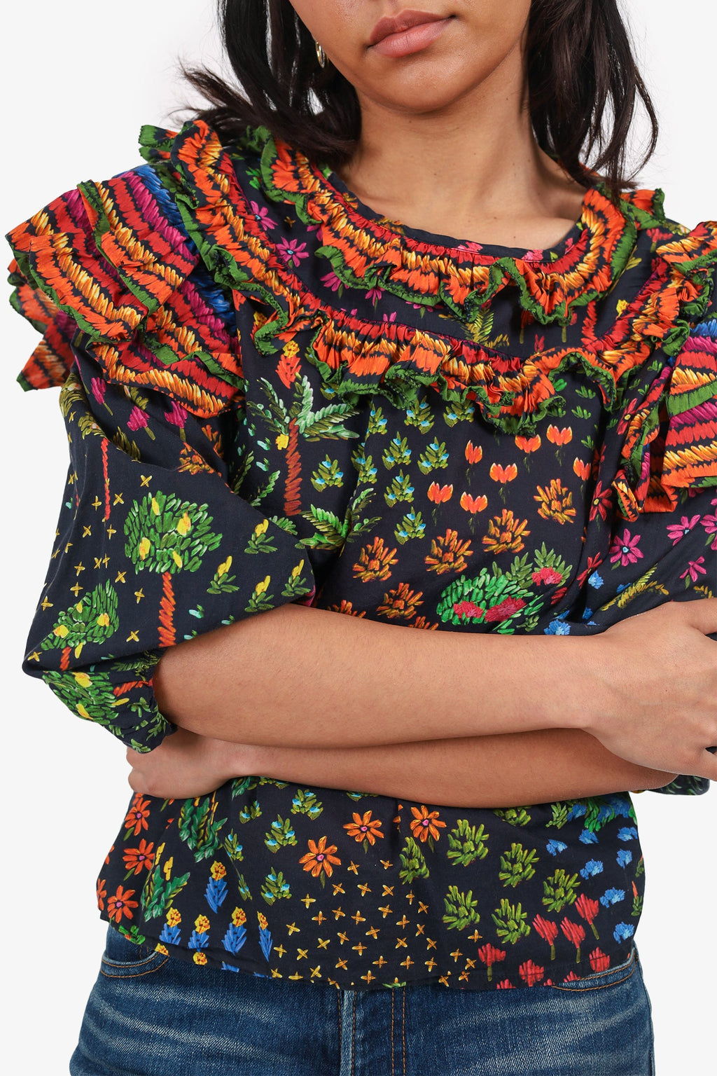Farm Rio Black/Orange Floral Printed Ruffle Blouse Size M