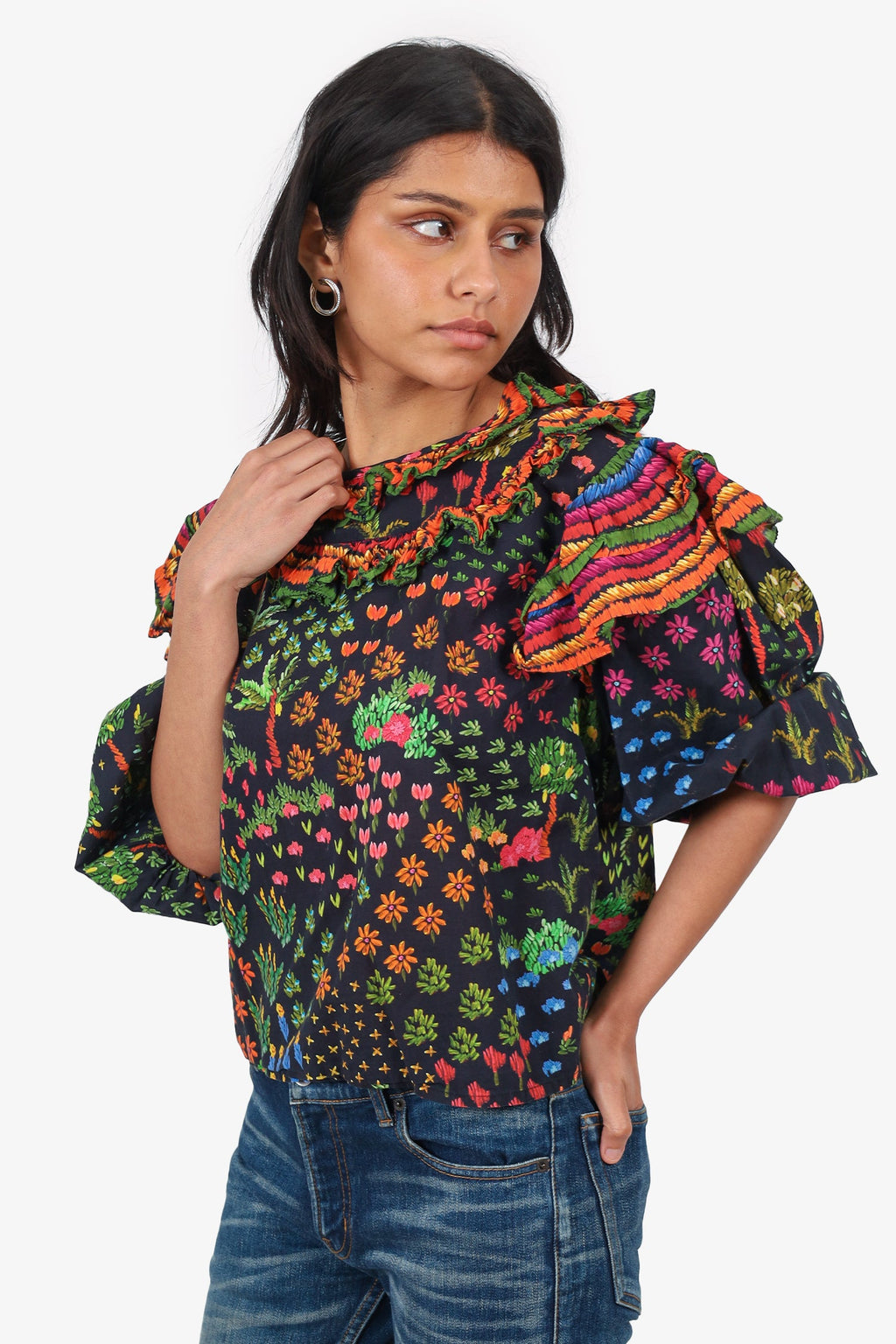 Farm Rio Black/Orange Floral Printed Ruffle Blouse Size M