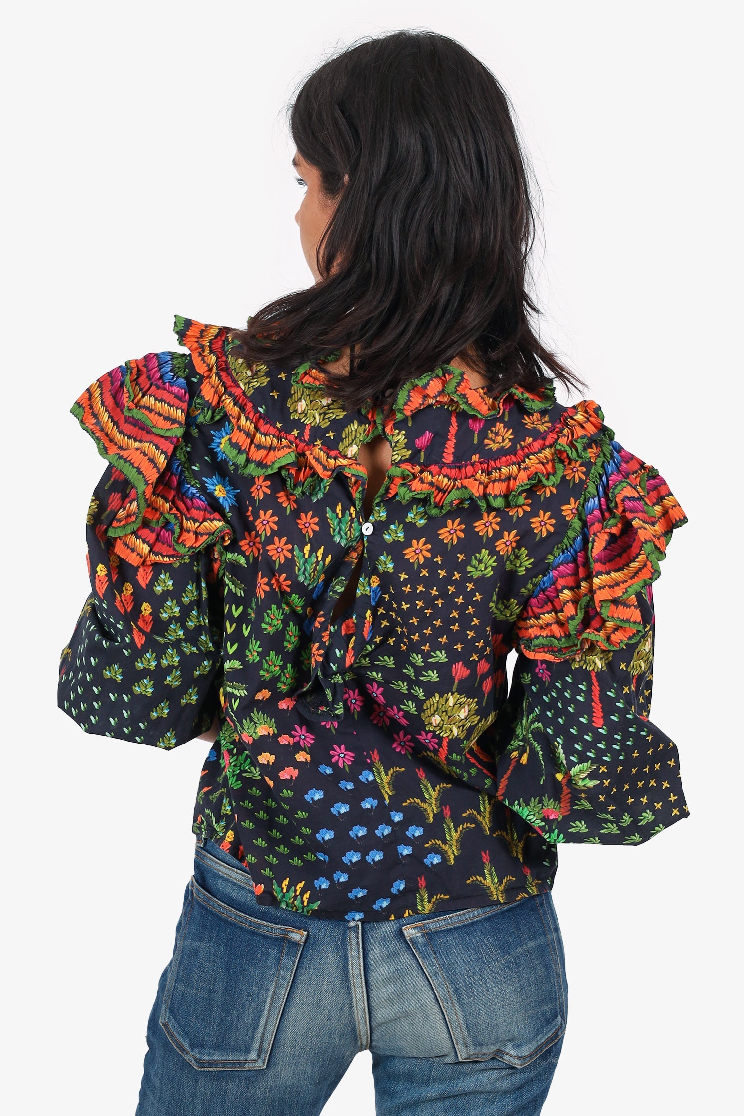 Farm Rio Black/Orange Floral Printed Ruffle Blouse Size M