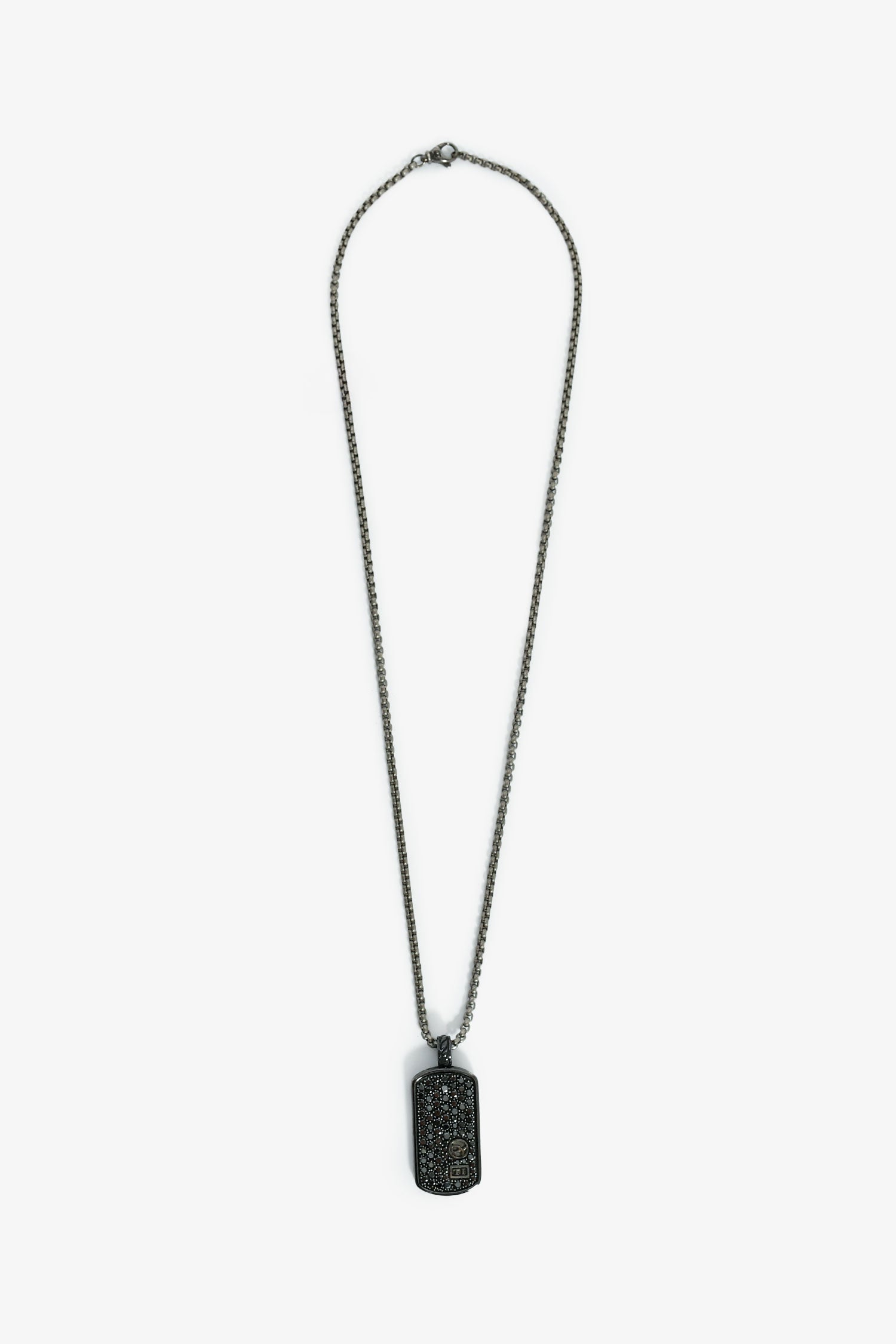 David Yurman Black Titanium/Sterling Silver & Black Diamond 18mm Chevron Tag Pendant + 21" Sterling Silver Box Chain Necklace