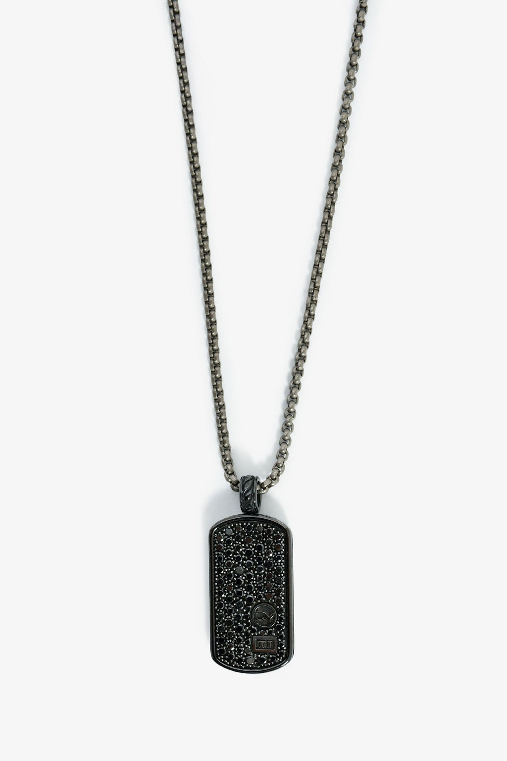 David Yurman Black Titanium/Sterling Silver & Black Diamond 18mm Chevron Tag Pendant + 21" Sterling Silver Box Chain Necklace