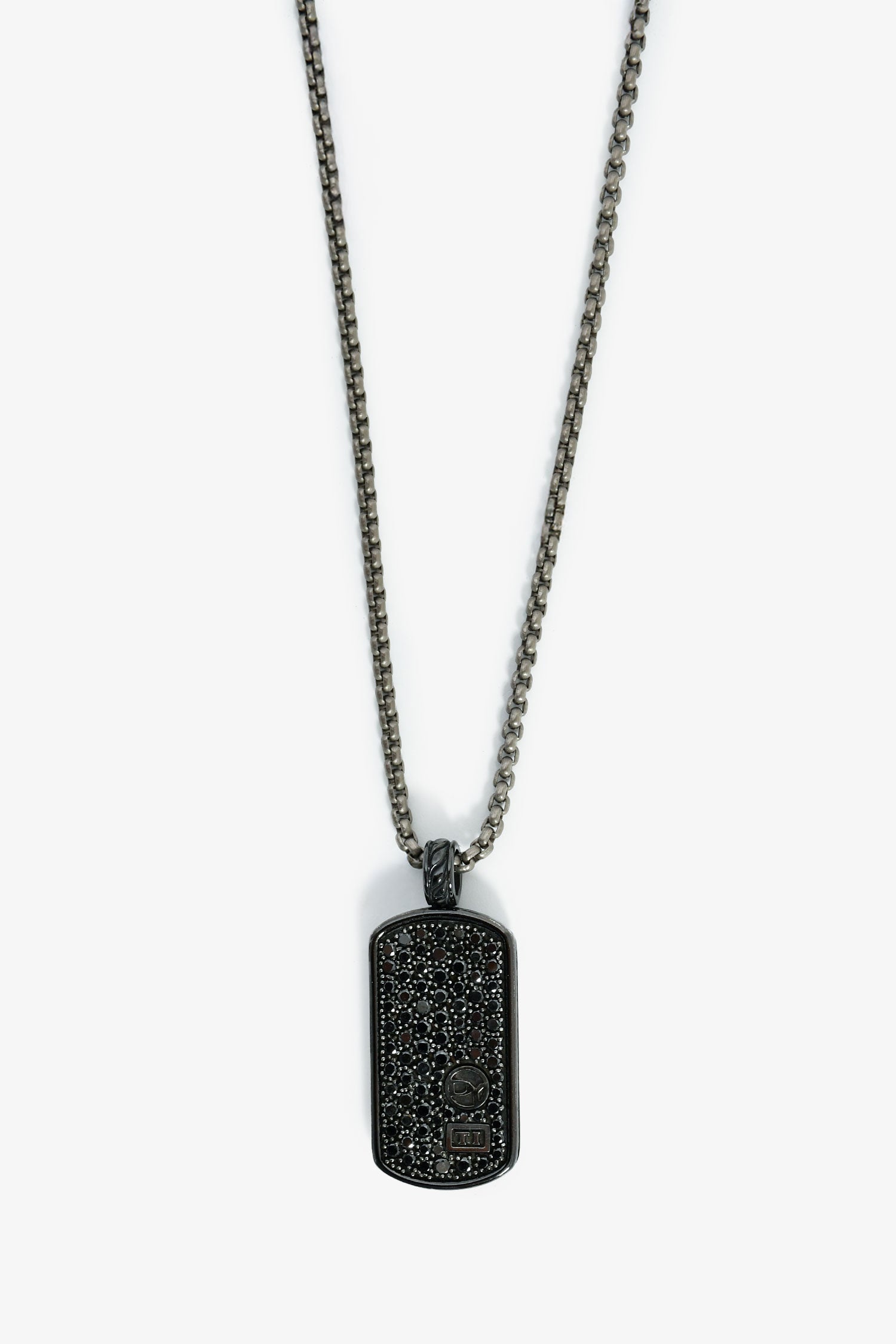 David Yurman Black Titanium/Sterling Silver & Black Diamond 18mm Chevron Tag Pendant + 21" Sterling Silver Box Chain Necklace