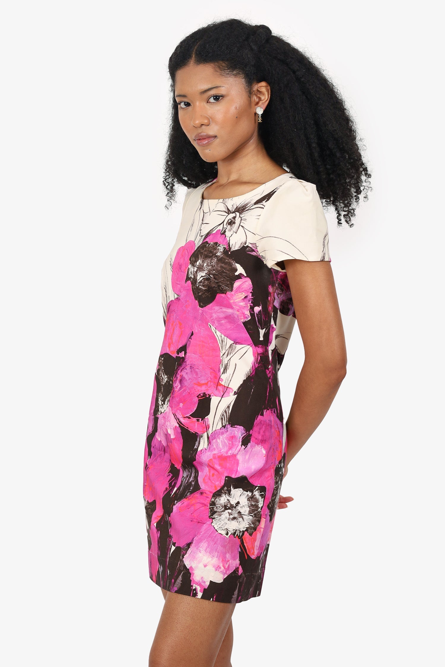 Milly White/Pink/Black Floral Print Short Sleeve Mini Dress Size 6