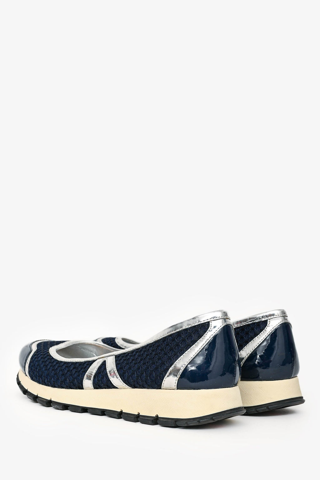 Prada Navy/Silver Metallic Leather Sneaker Pumps Size 41
