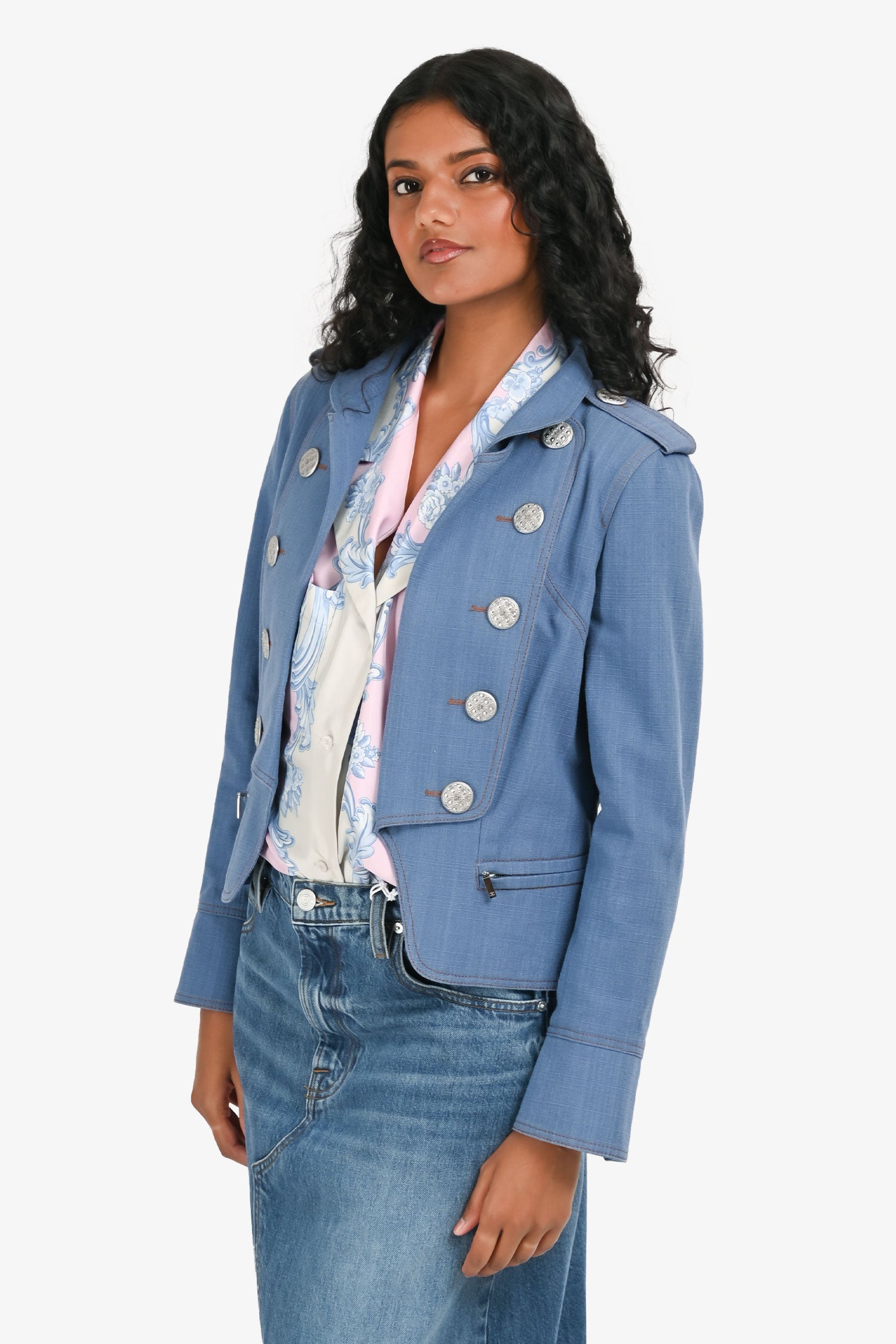 Pre-Loved Chanel™ 2013 Blue Denim Military Style Cropped Jacket Size 38