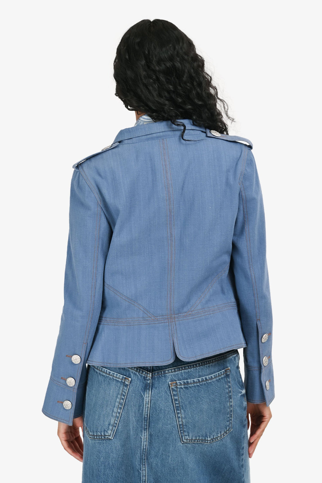 Pre-Loved Chanel™ 2013 Blue Denim Military Style Cropped Jacket Size 38
