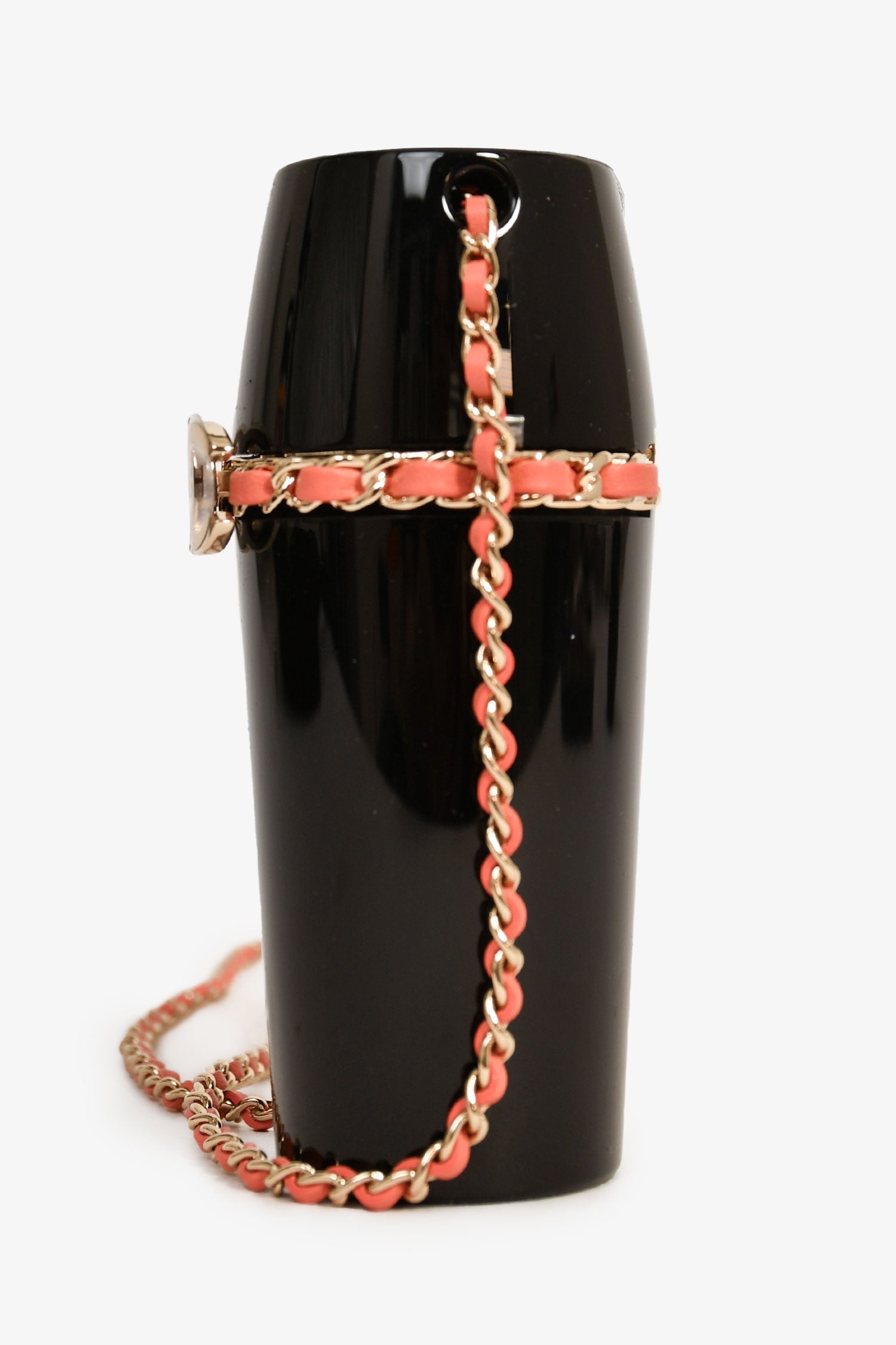 Pre-Loved Chanel™ Black Lucite Leather Pink Chain Trim Lipstick Case Necklace