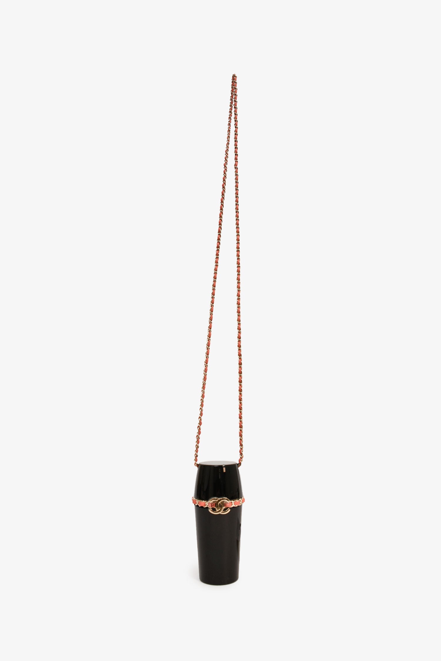 Pre-Loved Chanel™ Black Lucite Leather Pink Chain Trim Lipstick Case Necklace