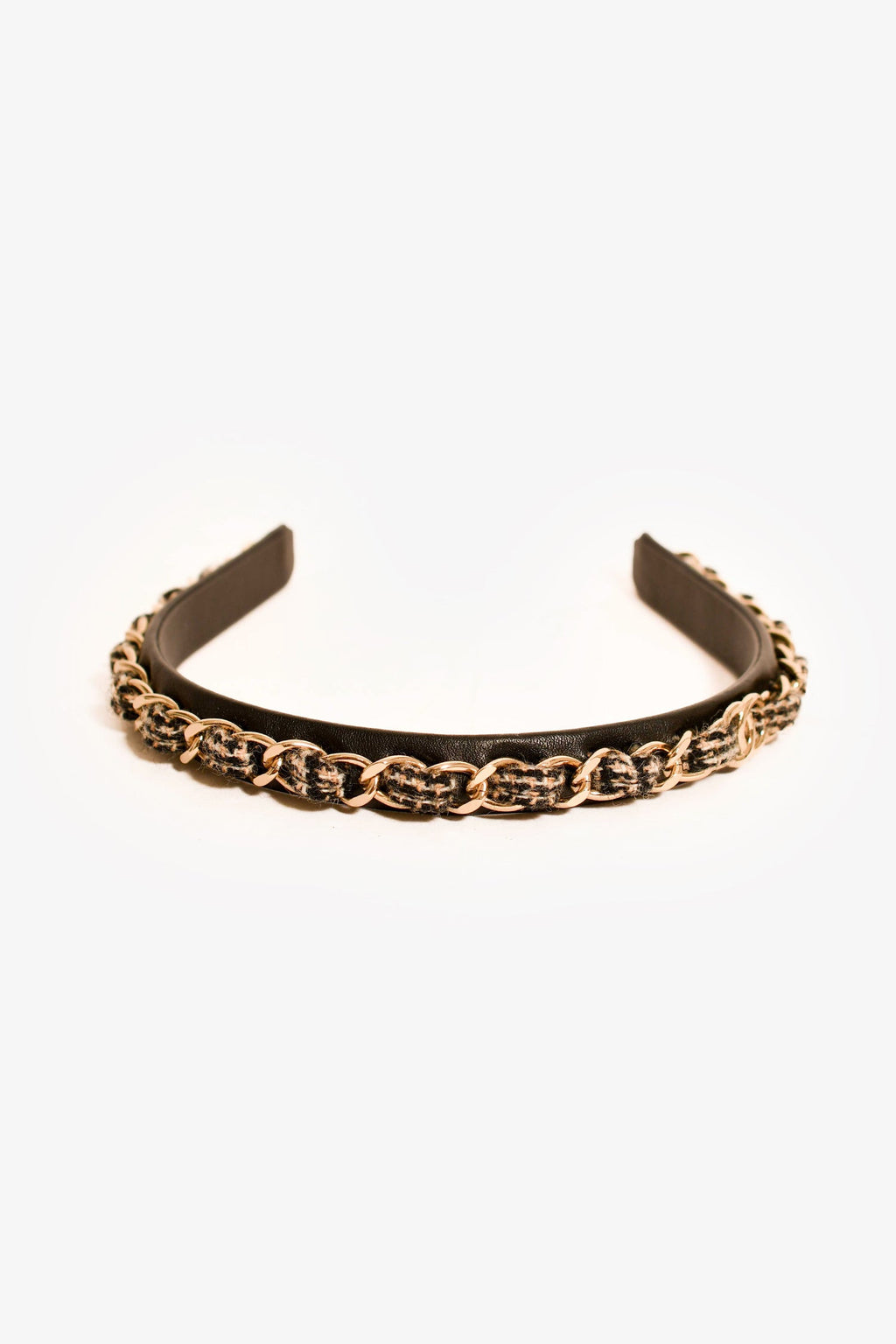 Pre-Loved Chanel™ Black Leather Houndstooth/Chain CC Headband