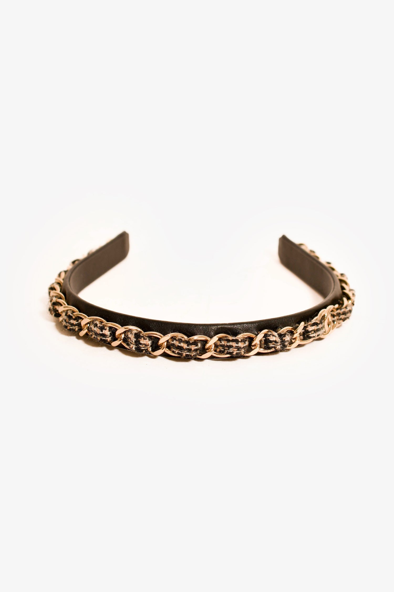 Pre-Loved Chanel™ Black Leather Houndstooth/Chain CC Headband