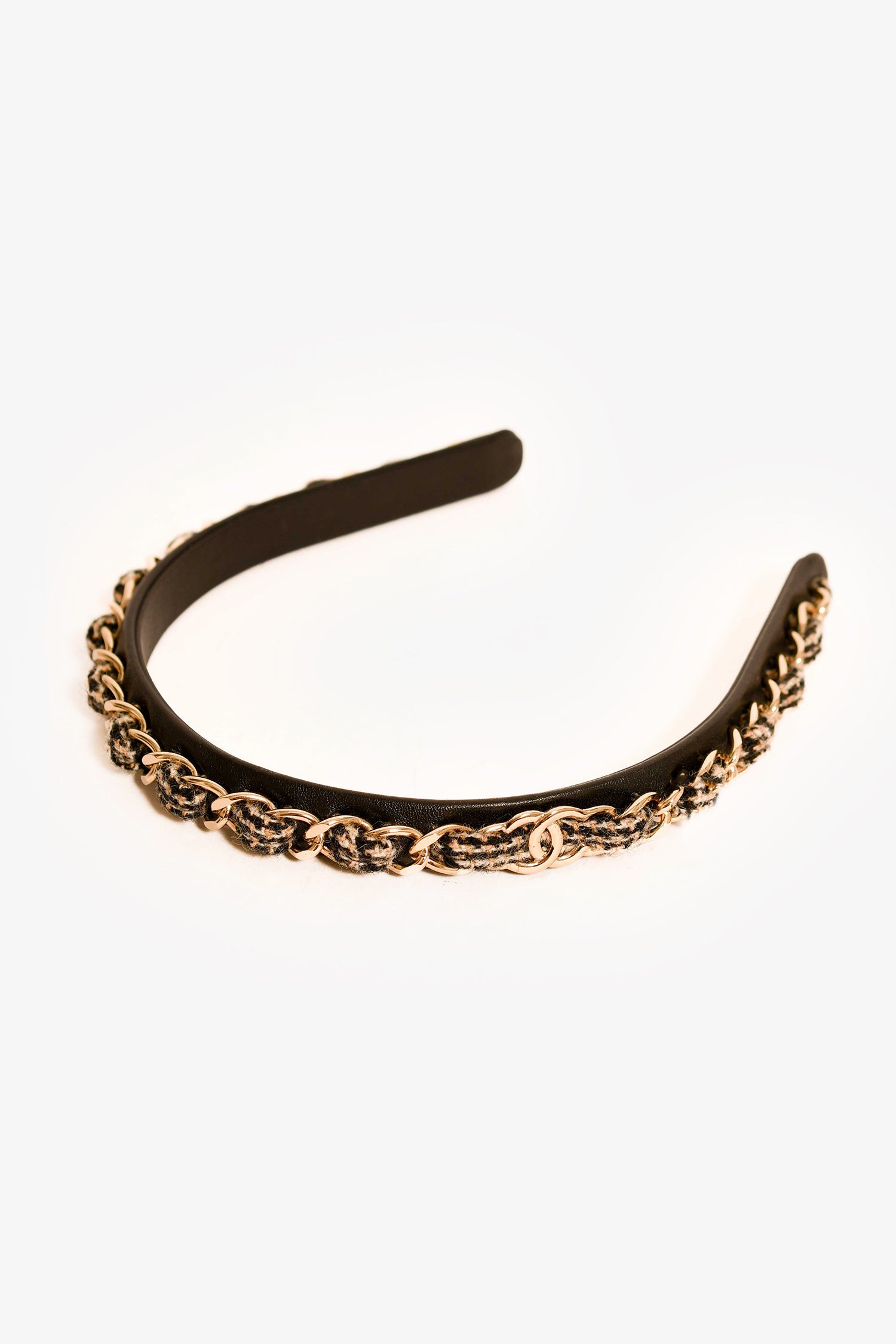 Pre-Loved Chanel™ Black Leather Houndstooth/Chain CC Headband