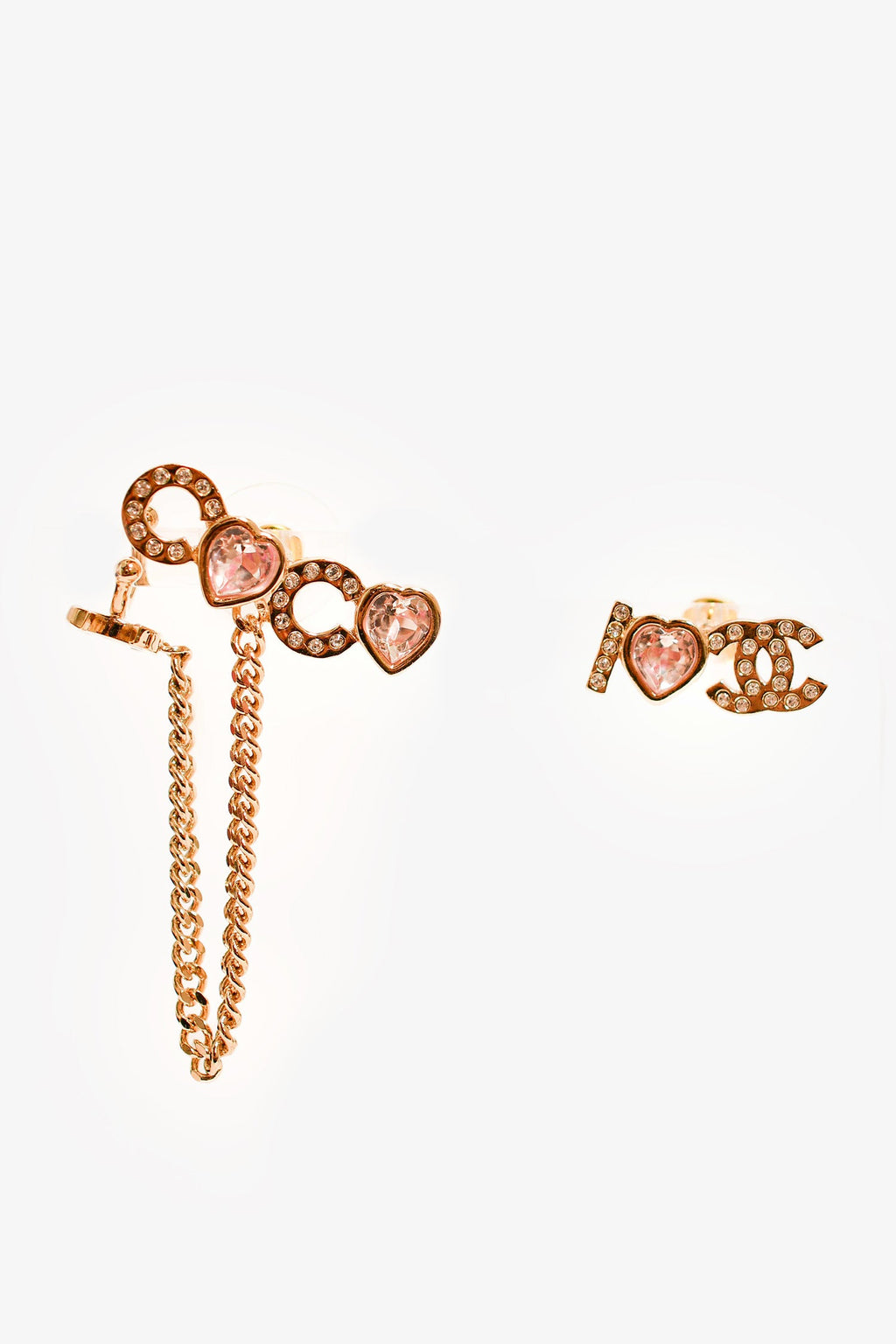 Pre-Loved Chanel™ 2022 Gold Toned 'I Heart Coco' Pink Crystal Embellished Stud Earrings with Ear Cuff