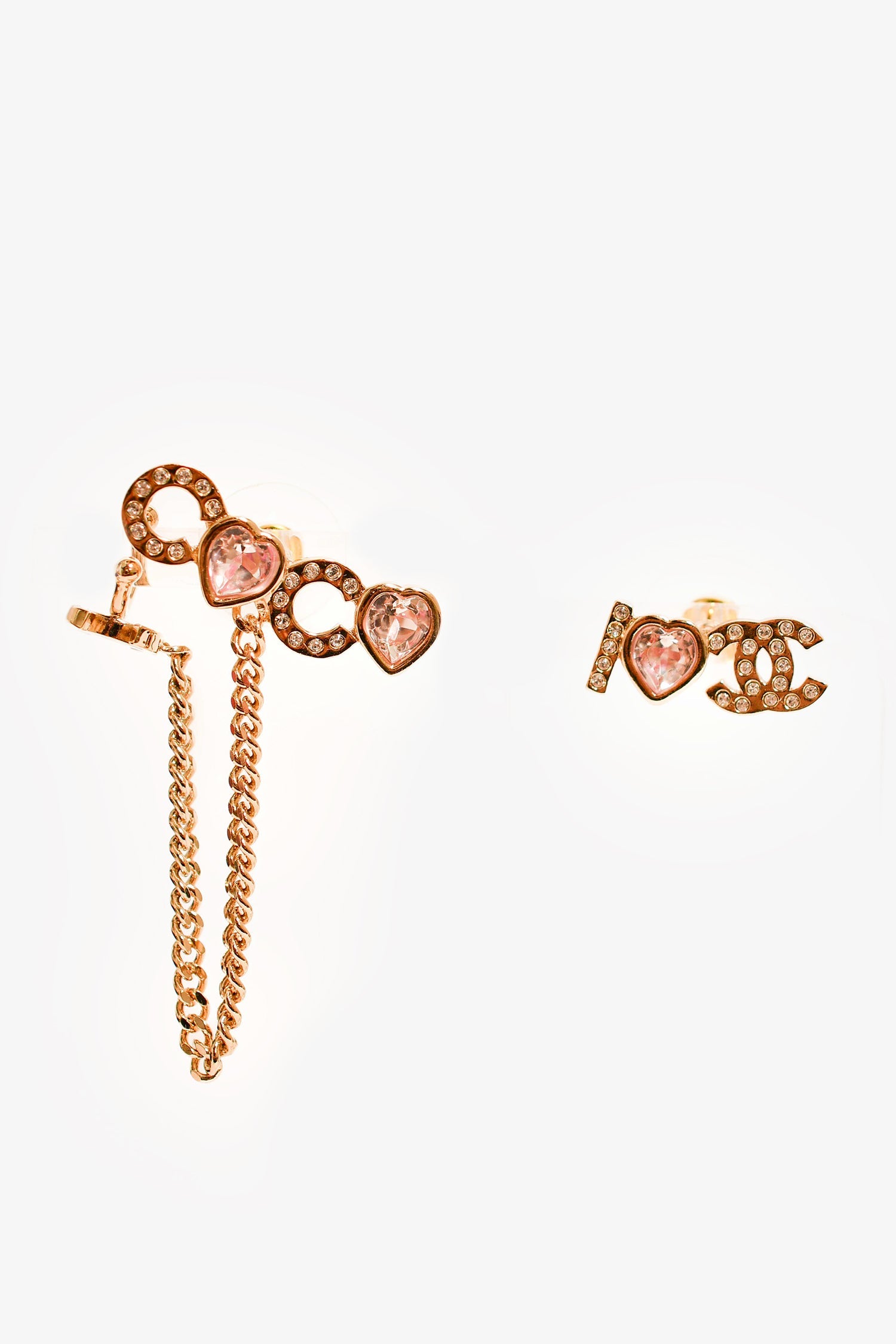 Pre-Loved Chanel™ 2022 Gold Toned 'I Heart Coco' Pink Crystal Embellished Stud Earrings with Ear Cuff