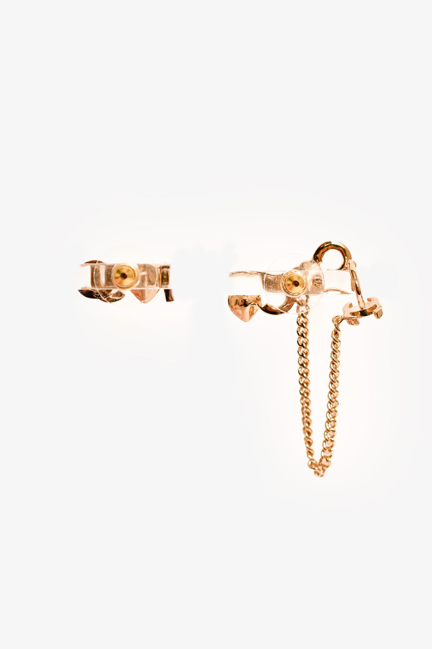 Pre-Loved Chanel™ 2022 Gold Toned 'I Heart Coco' Pink Crystal Embellished Stud Earrings with Ear Cuff