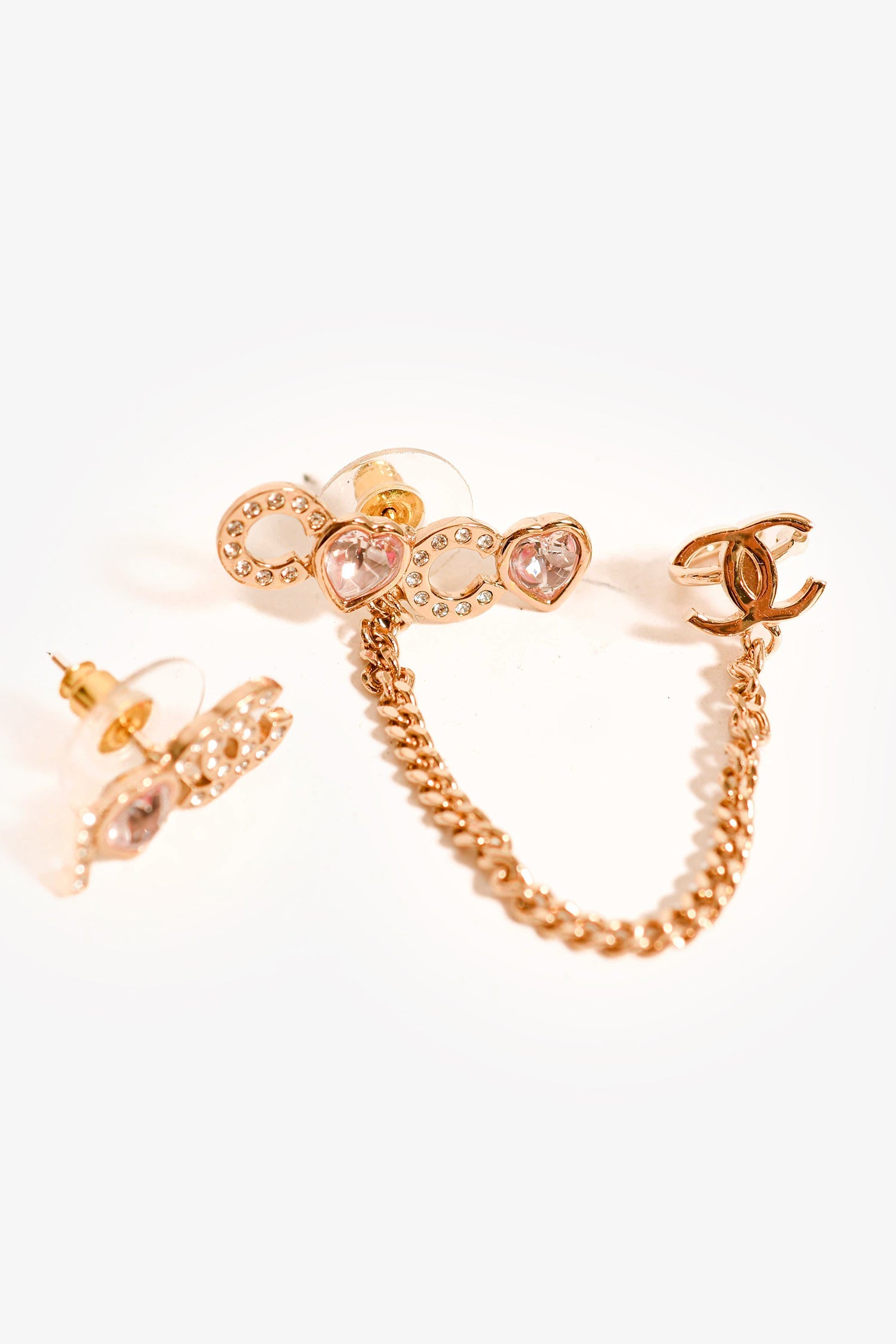 Pre-Loved Chanel™ 2022 Gold Toned 'I Heart Coco' Pink Crystal Embellished Stud Earrings with Ear Cuff