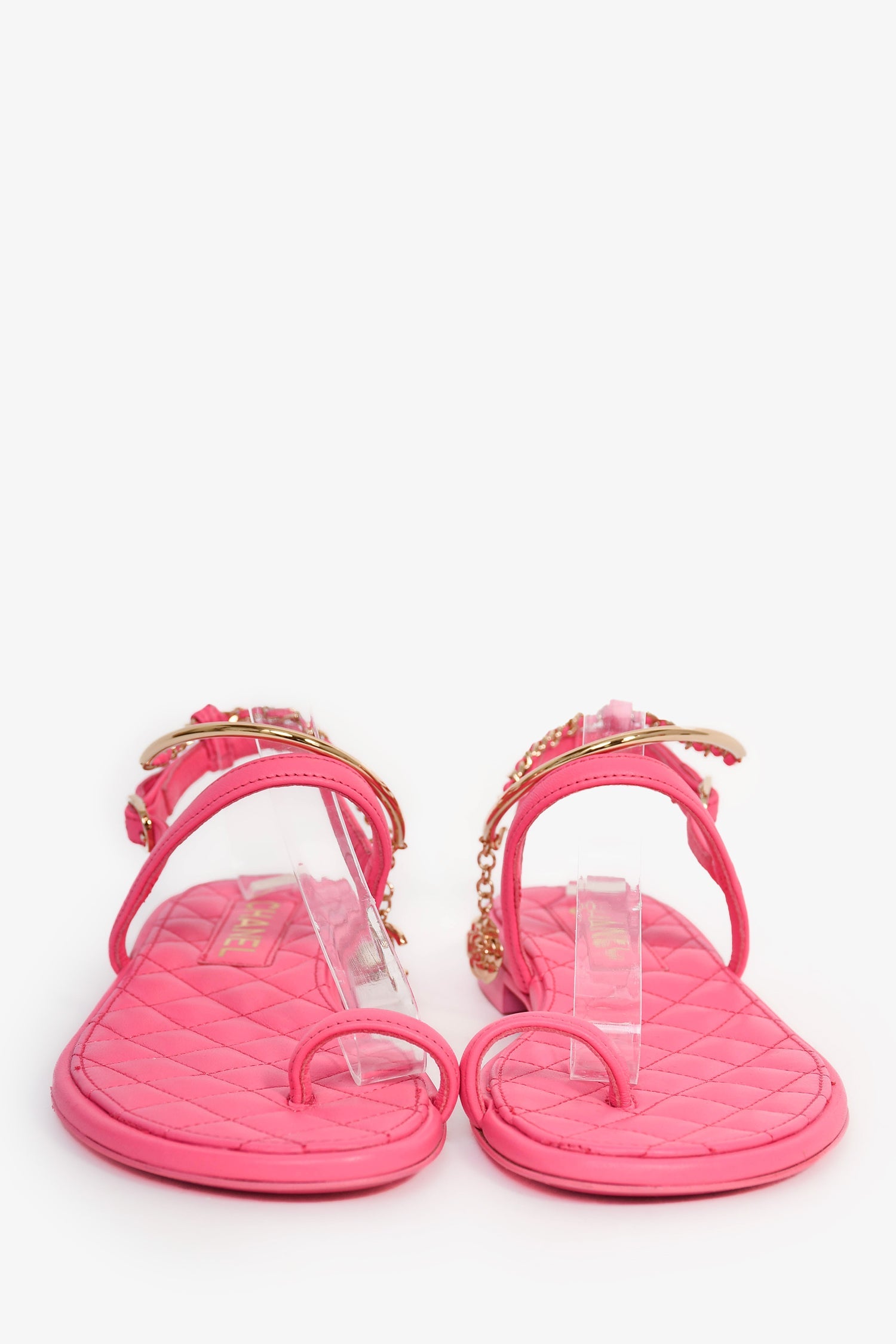 Pre-Loved Chanel™ Hot Pink Leather Gold Ankle Wrap Sandals with Chain Link Detail Size 36C