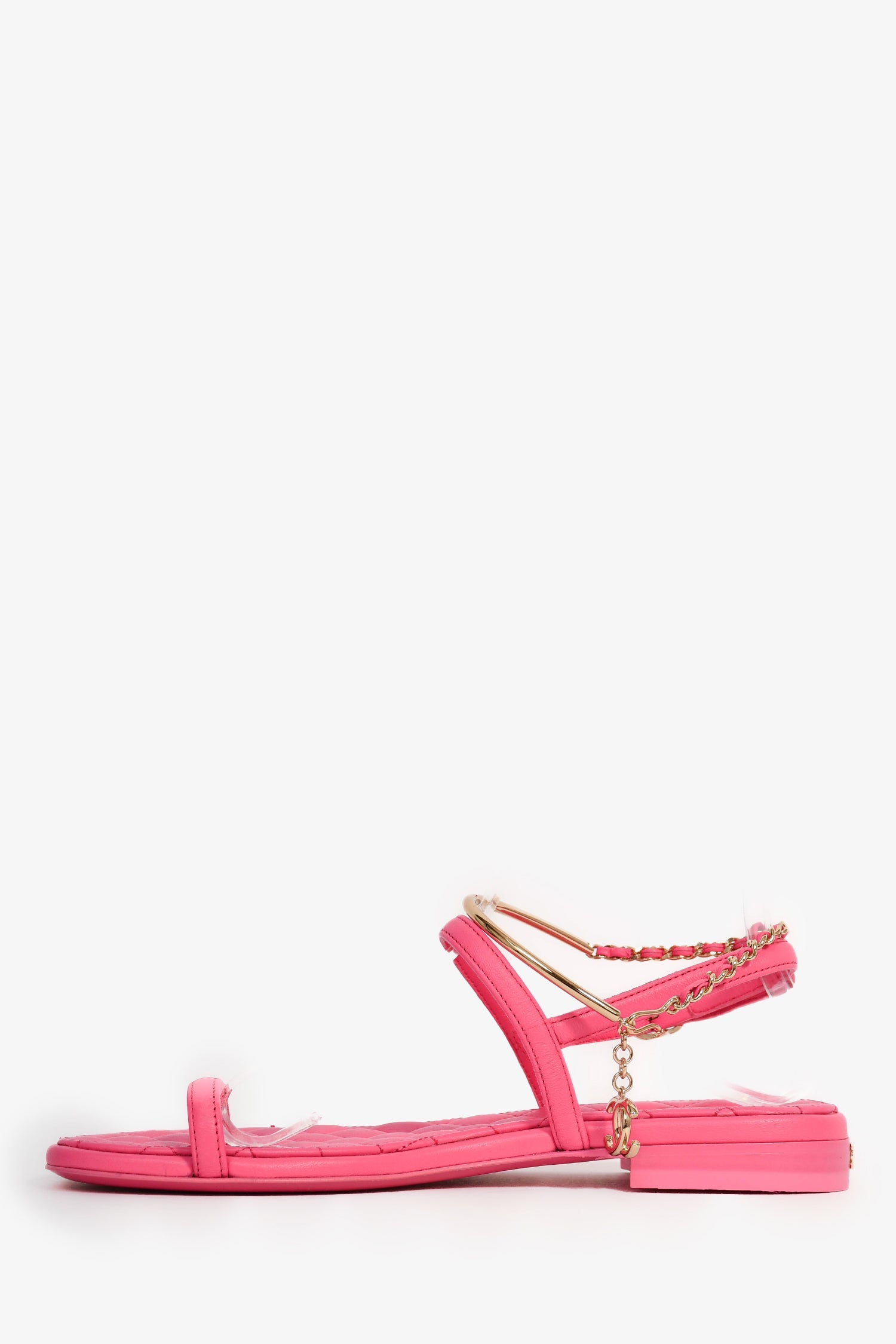 Pre-Loved Chanel™ Hot Pink Leather Gold Ankle Wrap Sandals with Chain Link Detail Size 36C