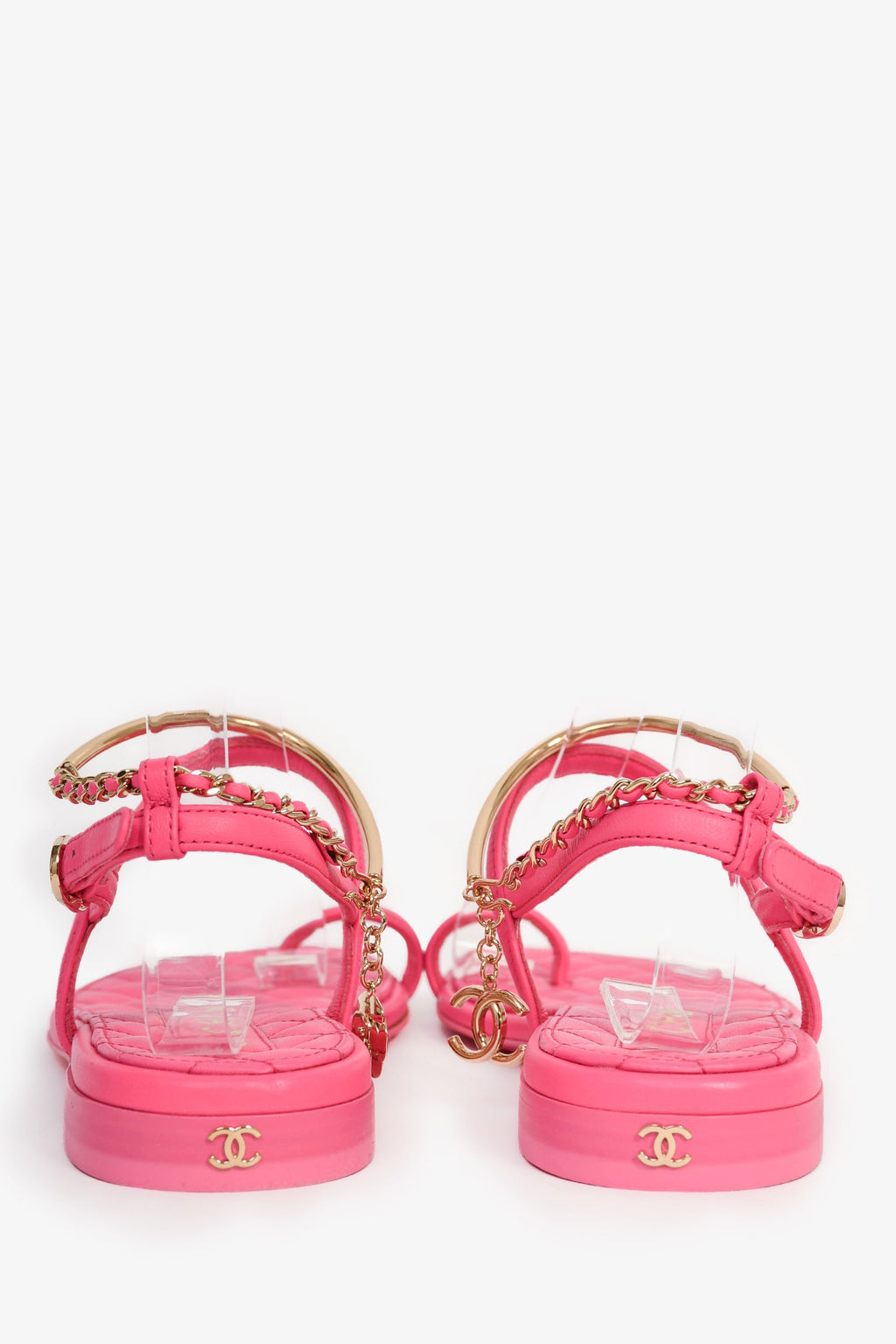 Pre-Loved Chanel™ Hot Pink Leather Gold Ankle Wrap Sandals with Chain Link Detail Size 36C