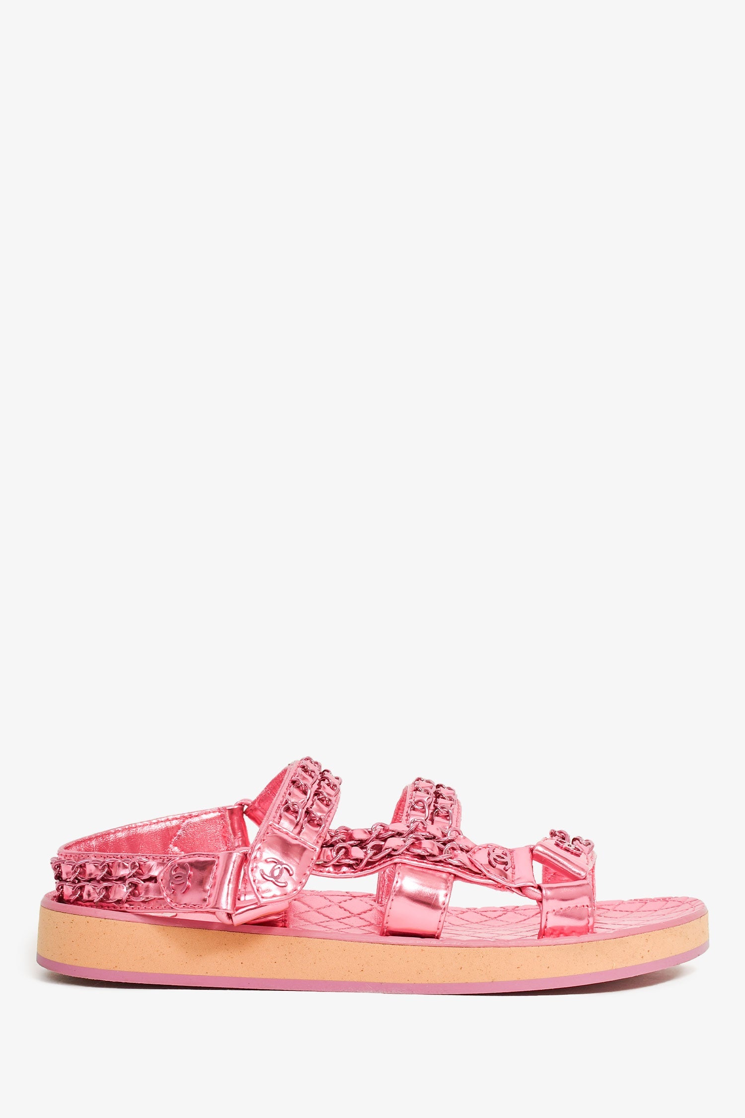 Pre-Loved Chanel™ 2022 Metallic Pink Leather Chain CC Sandals Size 36.5C