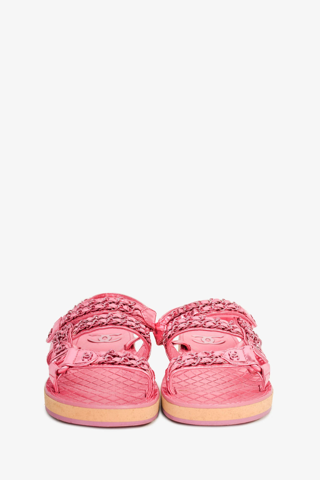 Pre-Loved Chanel™ 2022 Metallic Pink Leather Chain CC Sandals Size 36.5C
