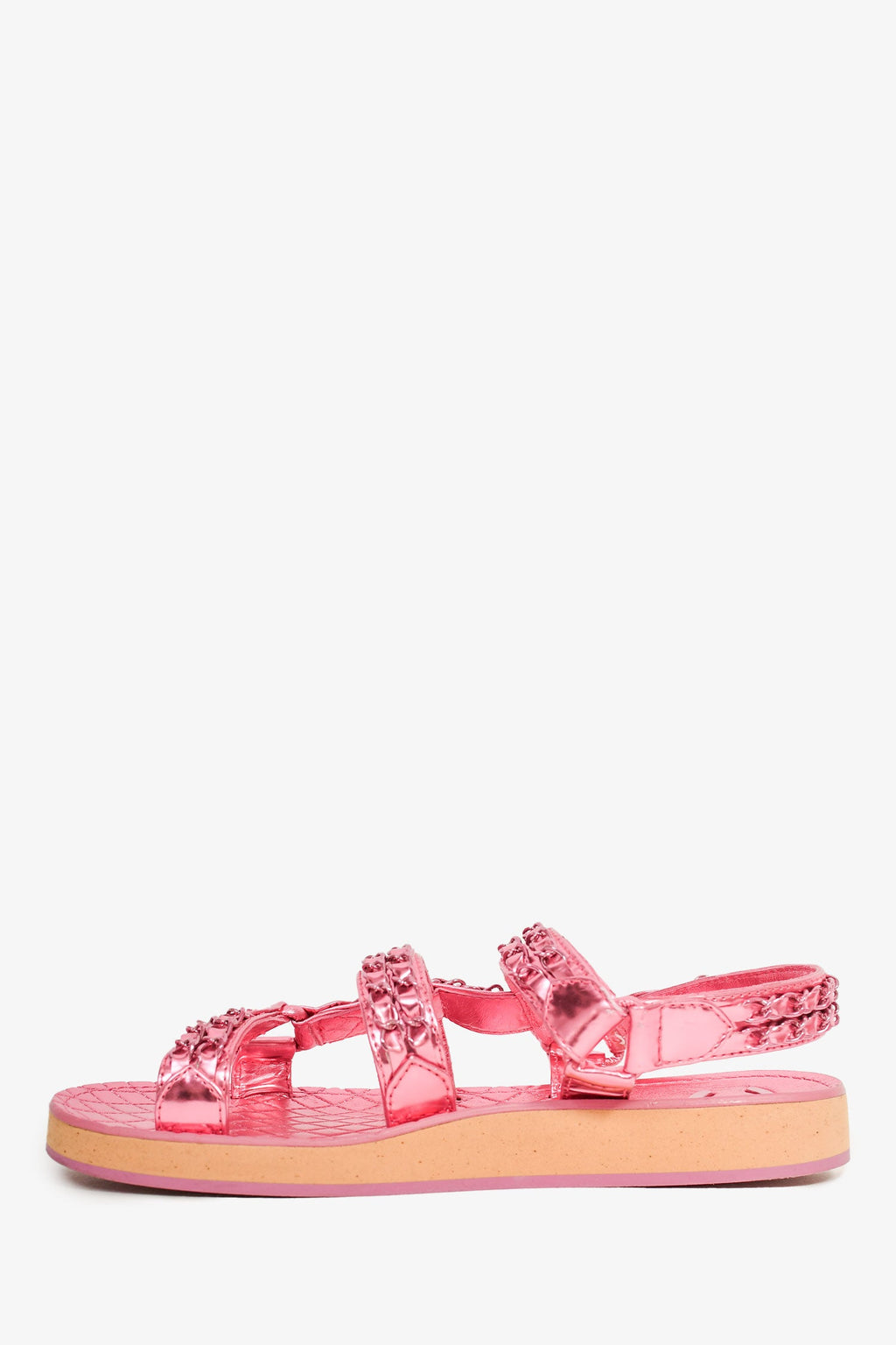 Pre-Loved Chanel™ 2022 Metallic Pink Leather Chain CC Sandals Size 36.5C