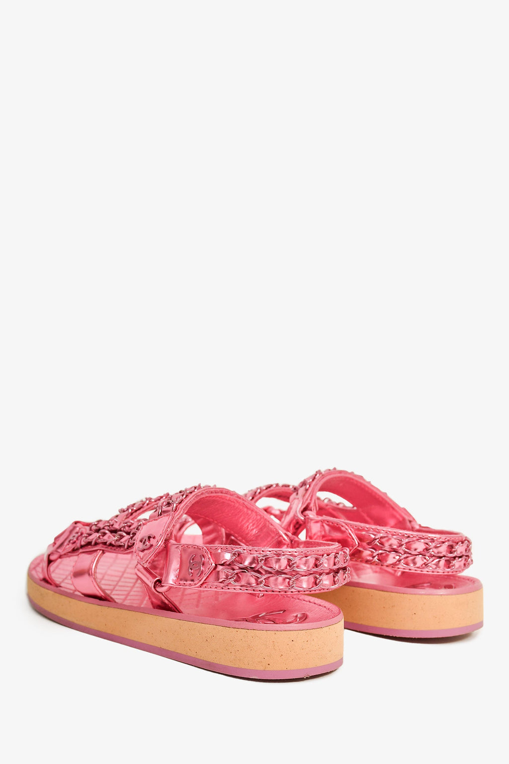 Pre-Loved Chanel™ 2022 Metallic Pink Leather Chain CC Sandals Size 36.5C