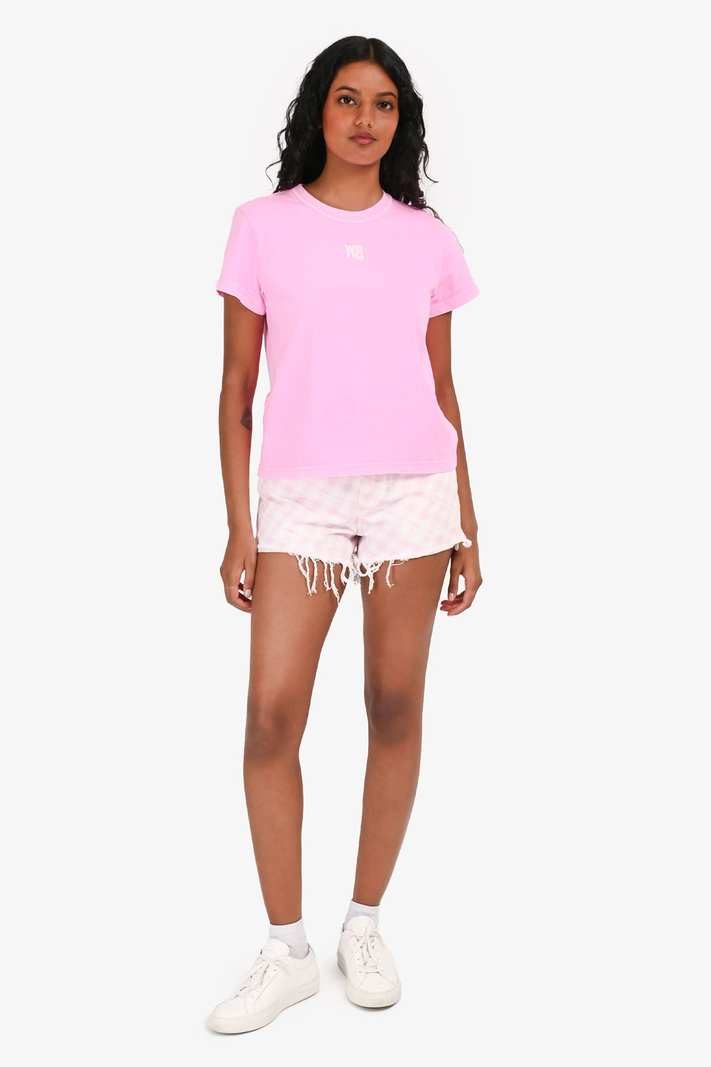Alexander Wang Pink/ White Plaid Logo Denim Shorts Size 25