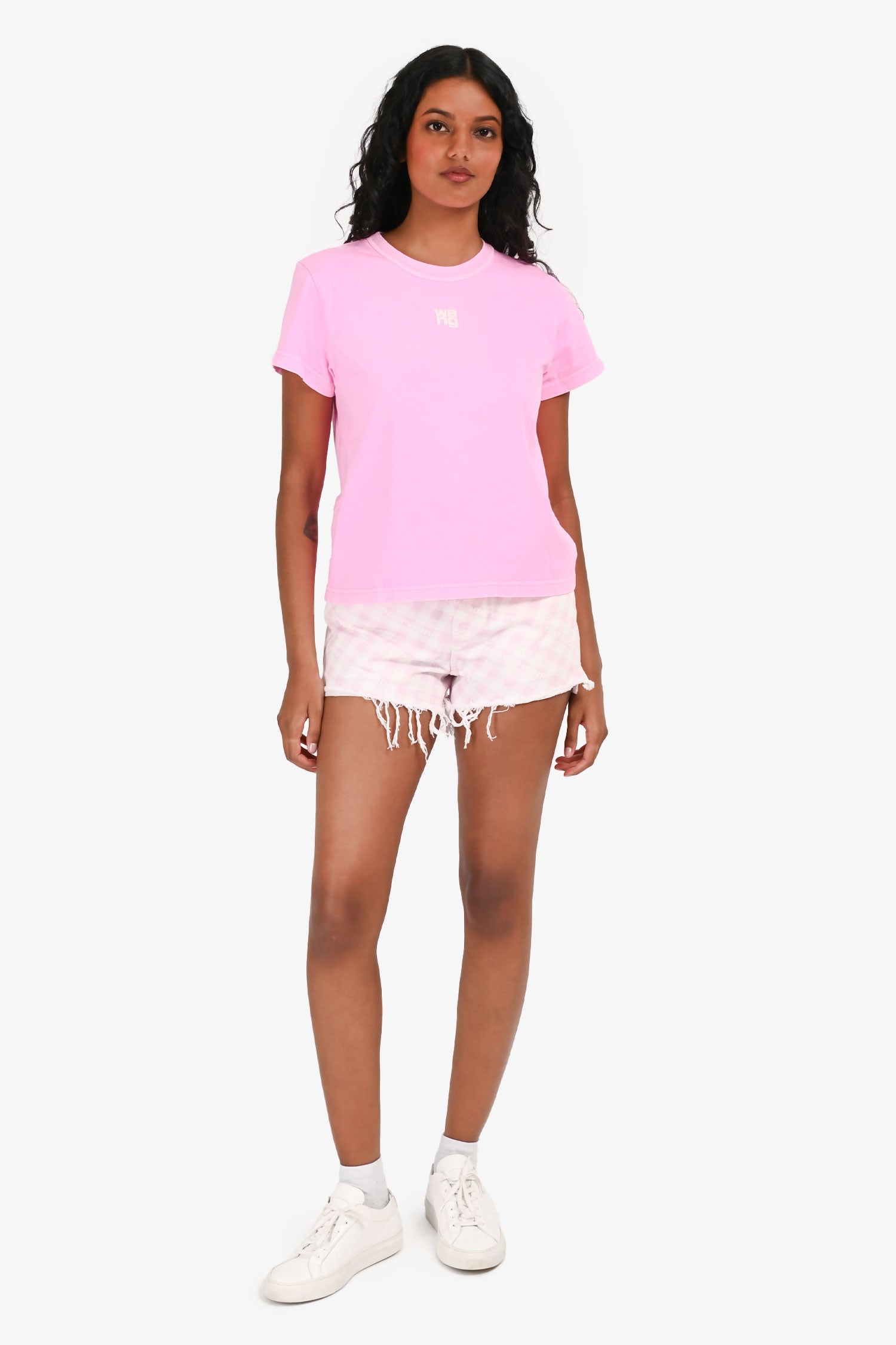 Alexander Wang Pink/ White Plaid Logo Denim Shorts Size 25
