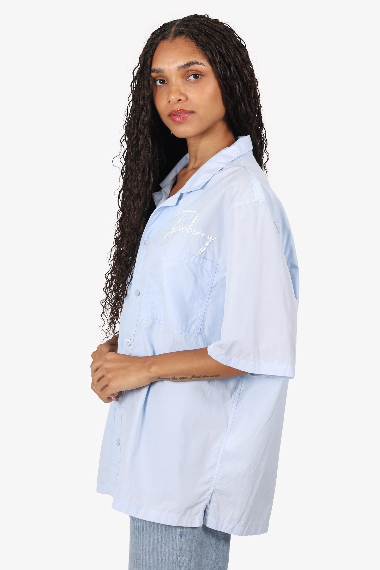 Burberry Baby Blue Logo Embroidered Short Sleeve Shirt Size M