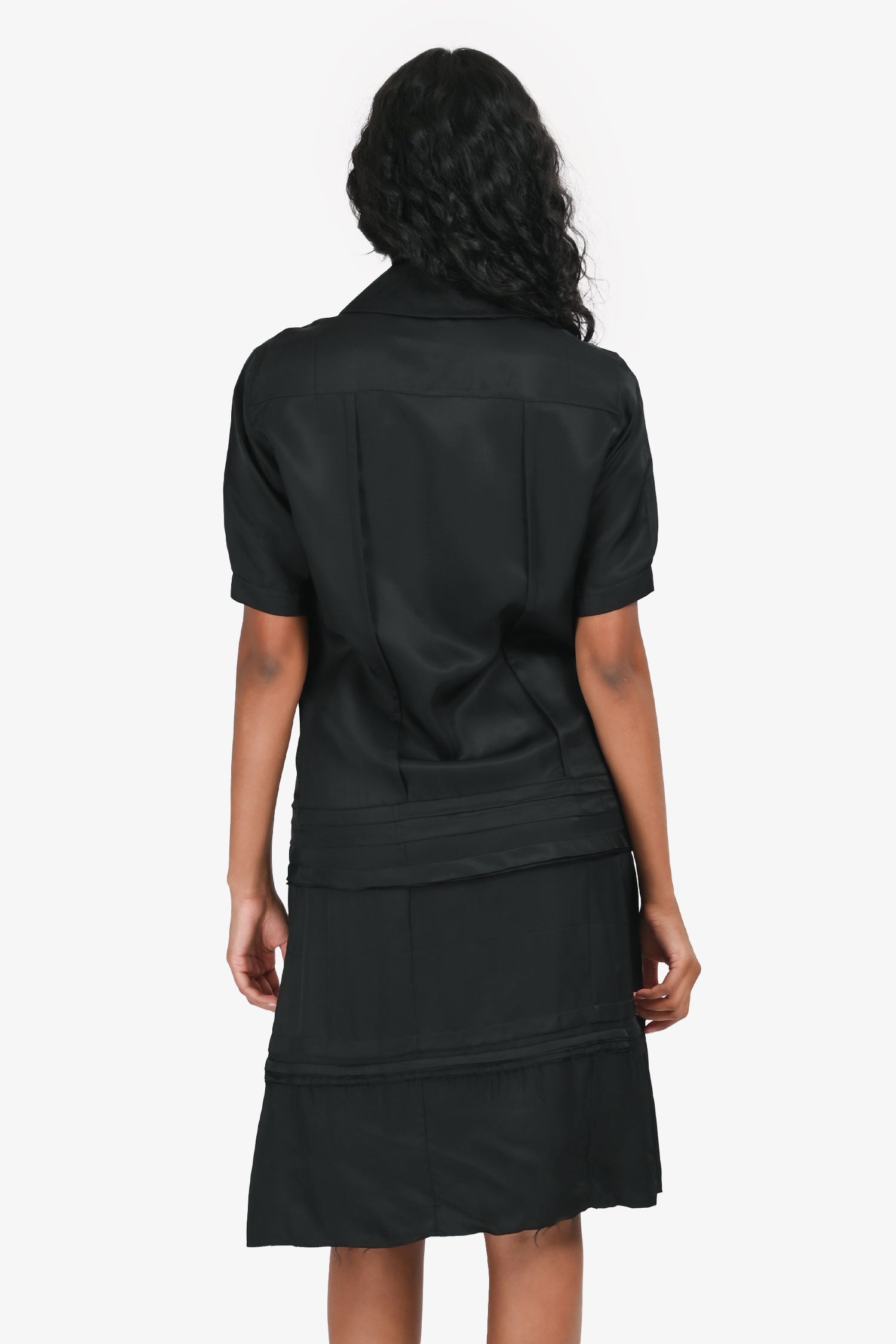 Celine Black Collared Frayed Short Sleeves Button Down Dress Size 36
