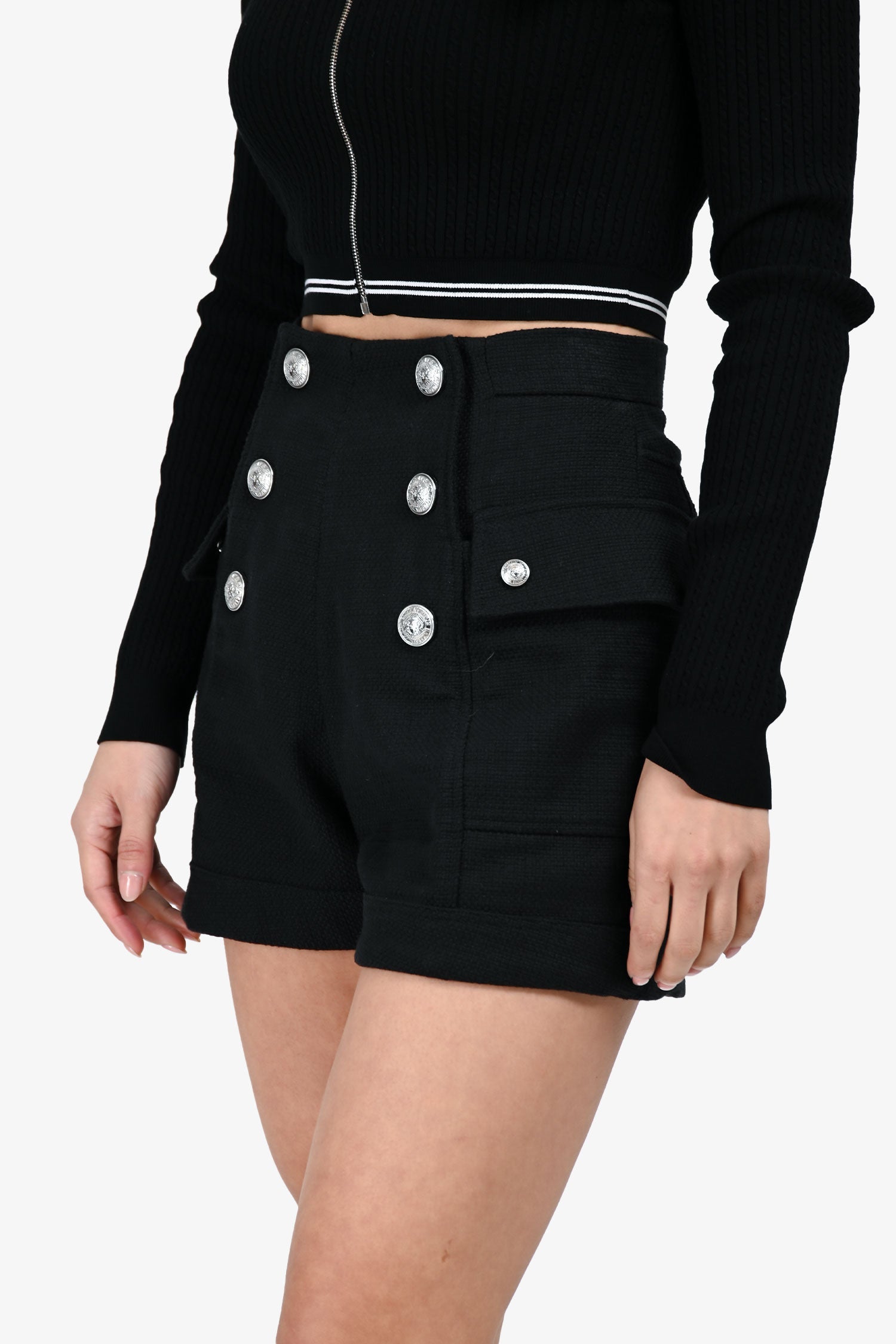Balmain Black Tweed Logo Mini Shorts Size 34