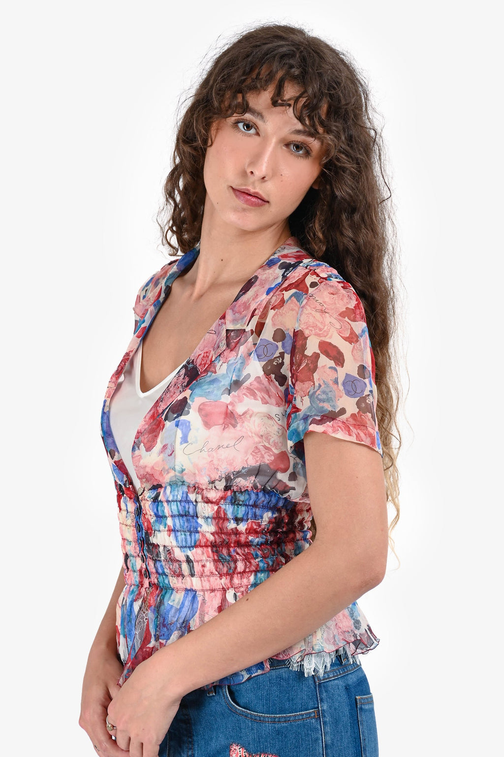 Pre-Loved Chanel™ Pink/Blue Floral Silk Sheer Blouse Size 38