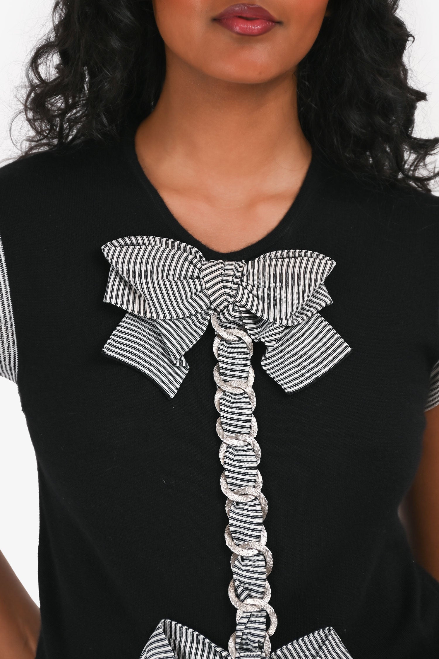 Pre-Loved Chanel™ 2007 Black Cashmere Striped Silk Bow Chain Detail Top Size 38