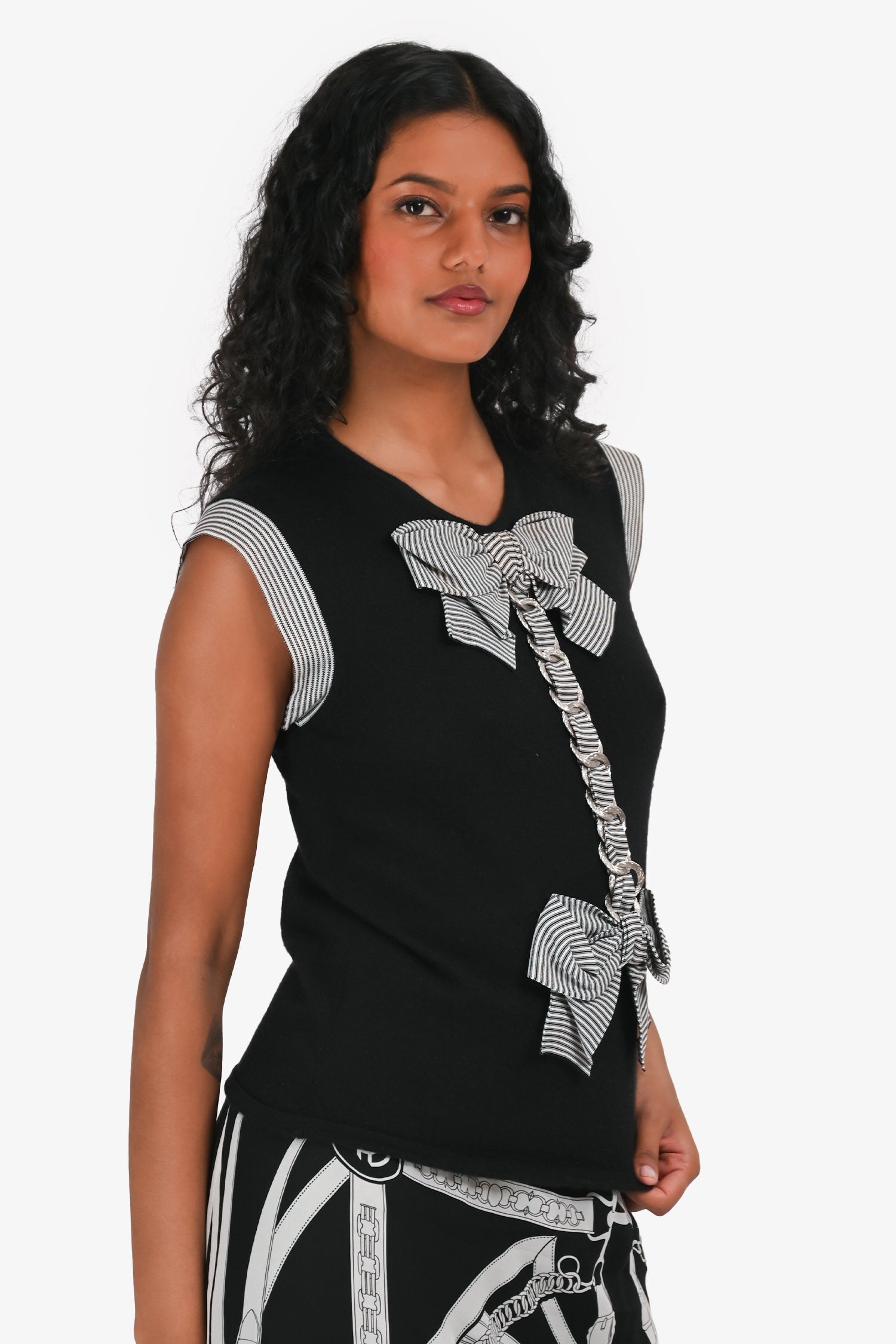 Pre-Loved Chanel™ 2007 Black Cashmere Striped Silk Bow Chain Detail Top Size 38