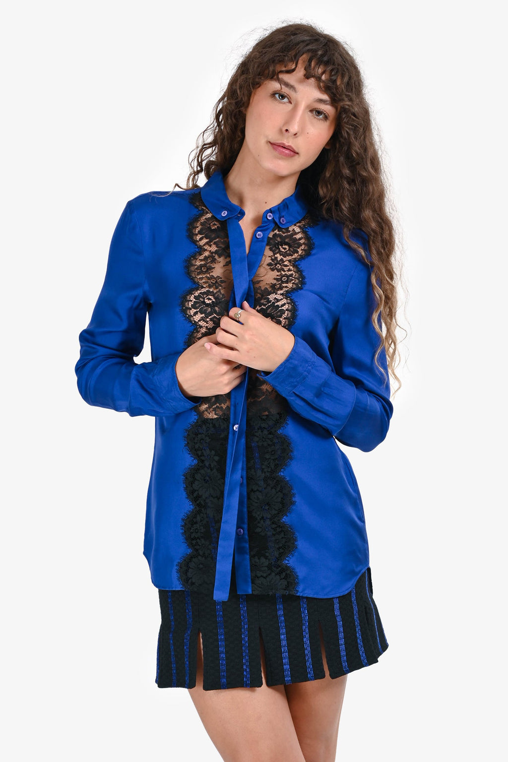 Roberto Cavalli Blue Silk Black Lace Detail Button Up Top Size 42
