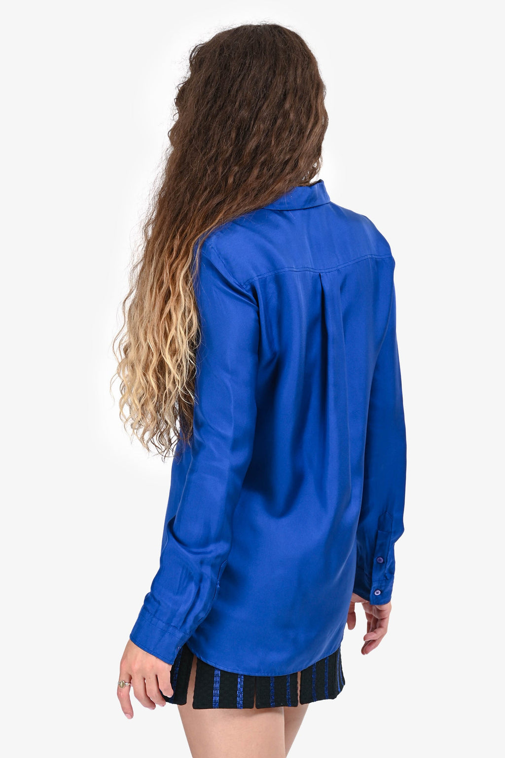 Roberto Cavalli Blue Silk Black Lace Detail Button Up Top Size 42