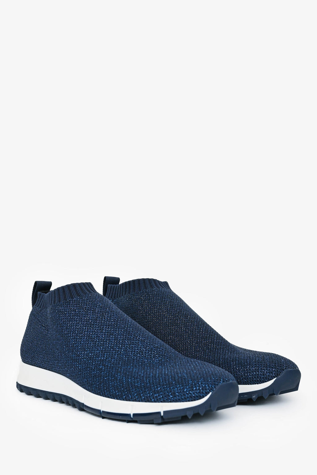 Jimmy Choo Navy Shimmer Crochet Knit White Rubber Sole Sneakers Size 38