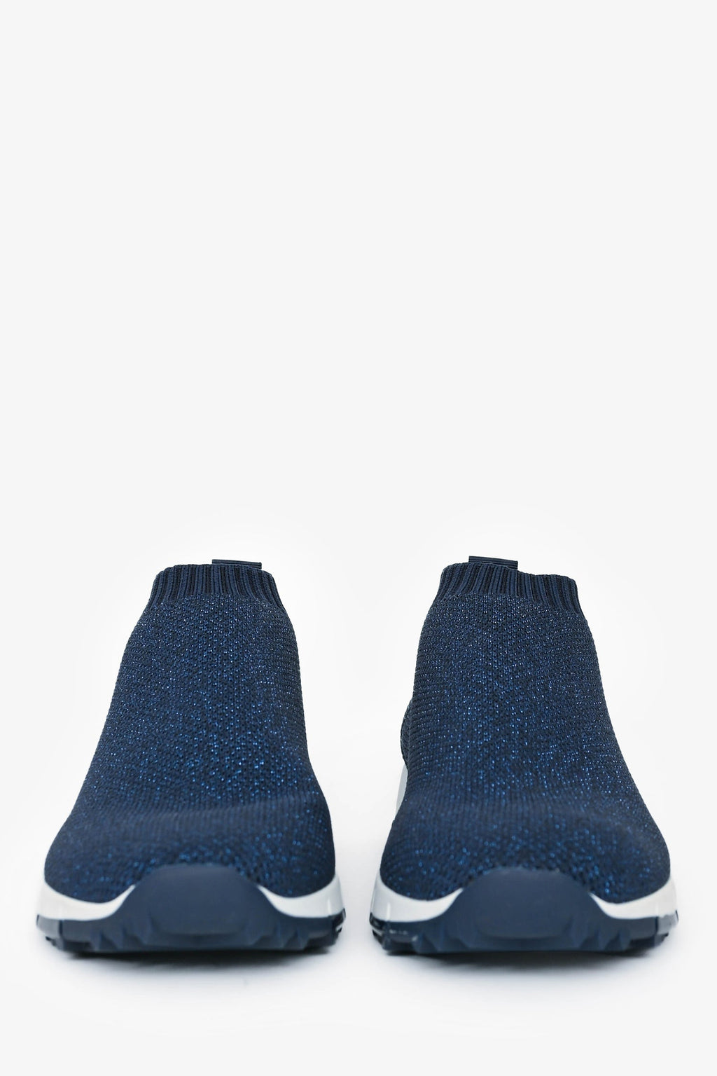 Jimmy Choo Navy Shimmer Crochet Knit White Rubber Sole Sneakers Size 38