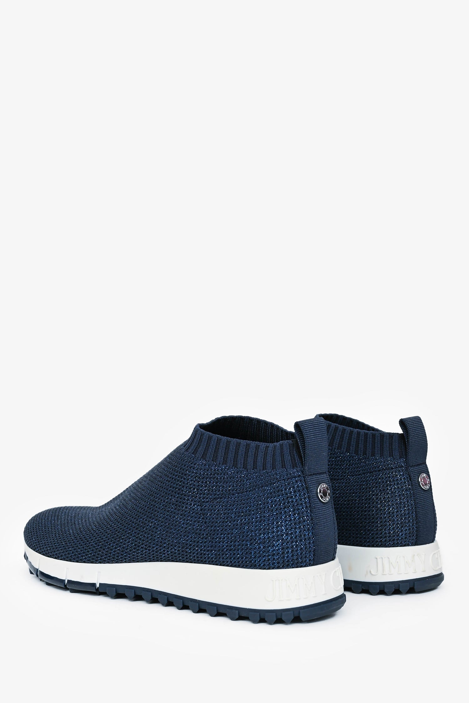 Jimmy Choo Navy Shimmer Crochet Knit White Rubber Sole Sneakers Size 38