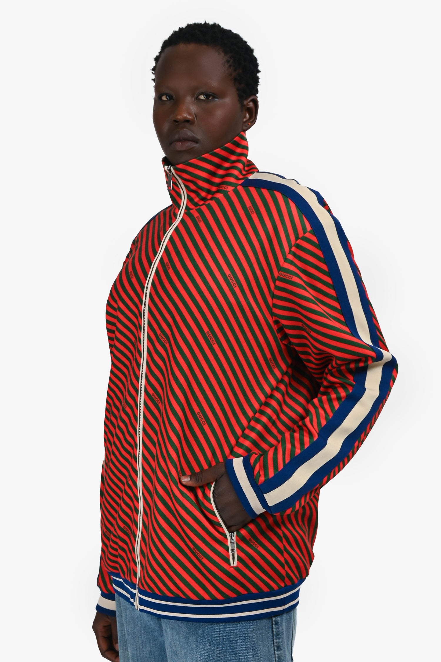 Gucci Red/Green Striped Zip-Up Jacket Size M Mens