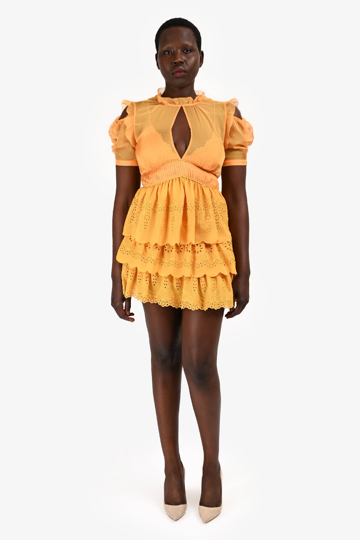 Self Portrait Yellow Ruffle Eyelet Mini Dress Size 6